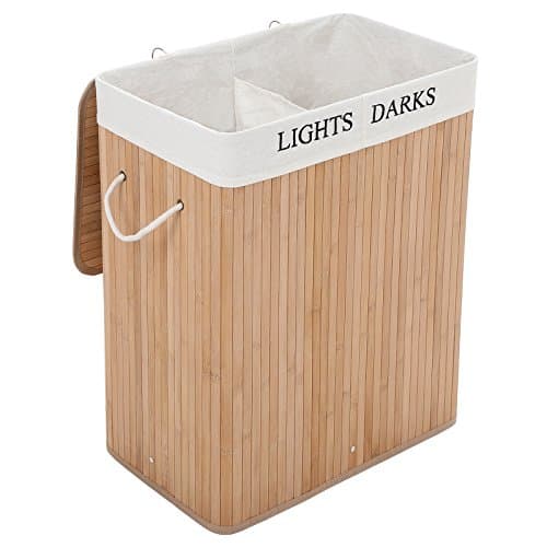 SONGMICS 100L (62,5 x 52 x 32 cm) tvättkorg vikbar tvättlåda i bambu med 2 fack tvättkorg med avtagbar tvättpåse, bambu, naturlig, LCB64Y