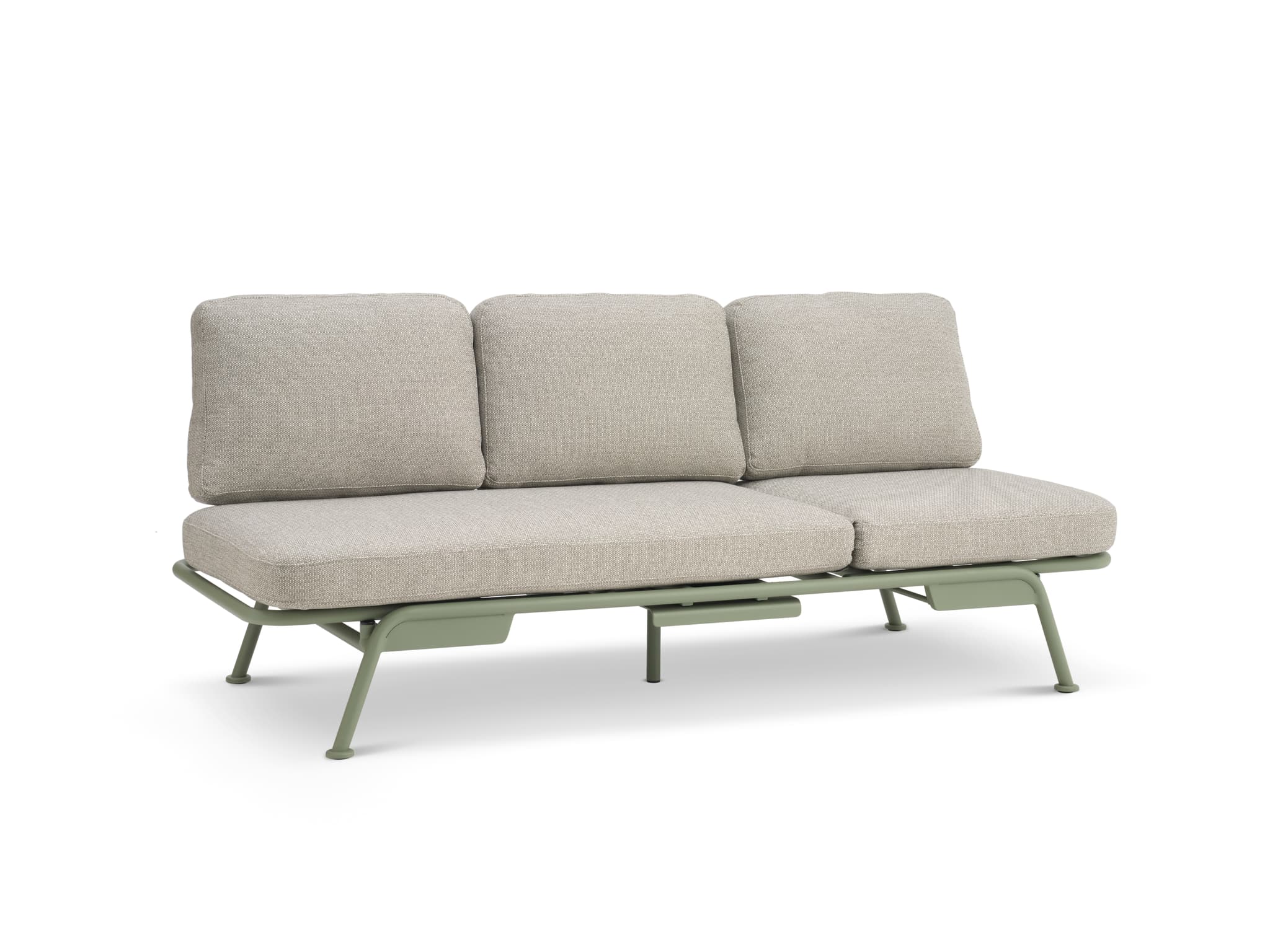 Santorini soffa, med kuddar - sandfärgat tyg och dammigt olivgrönt aluminium