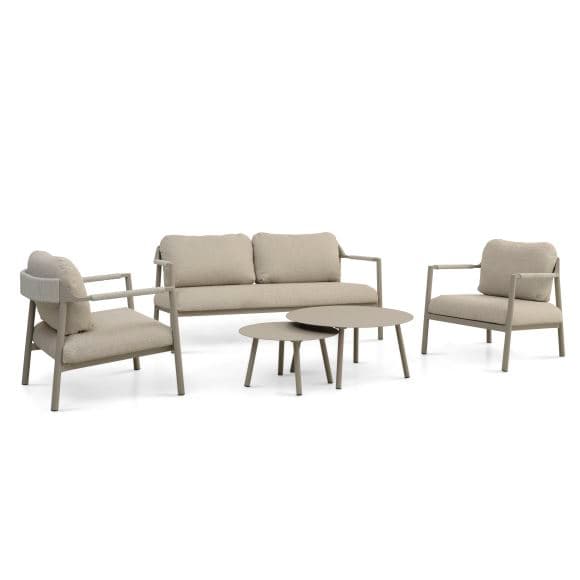 Capri loungegrupp, med 2 bord, 1 soffa, 2 stolar, sandfärgade kuddar - sandfärgad aluminium