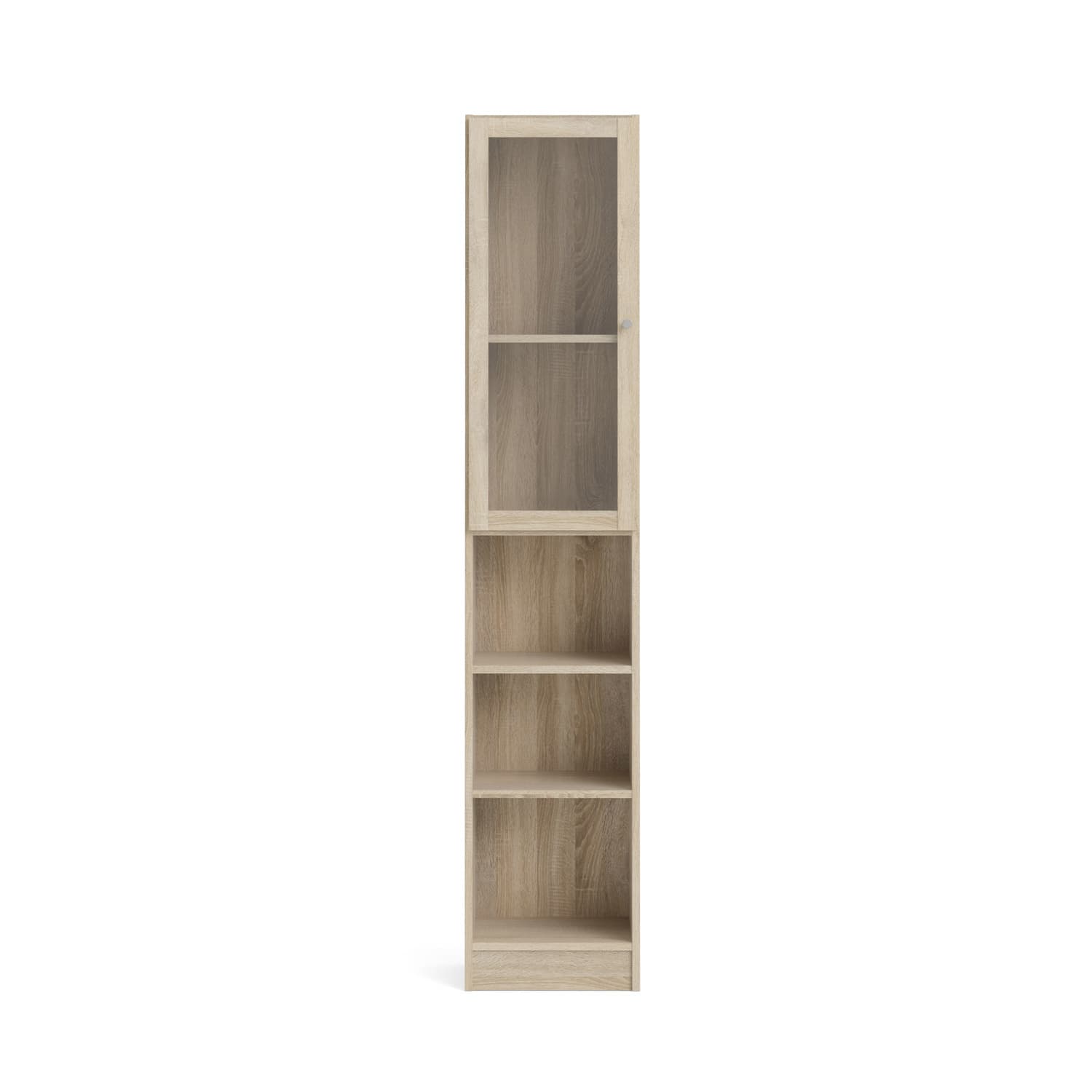 TVILUM Basic bokhylla - klar / naturligt glas / ek struktur, med 1 dörr