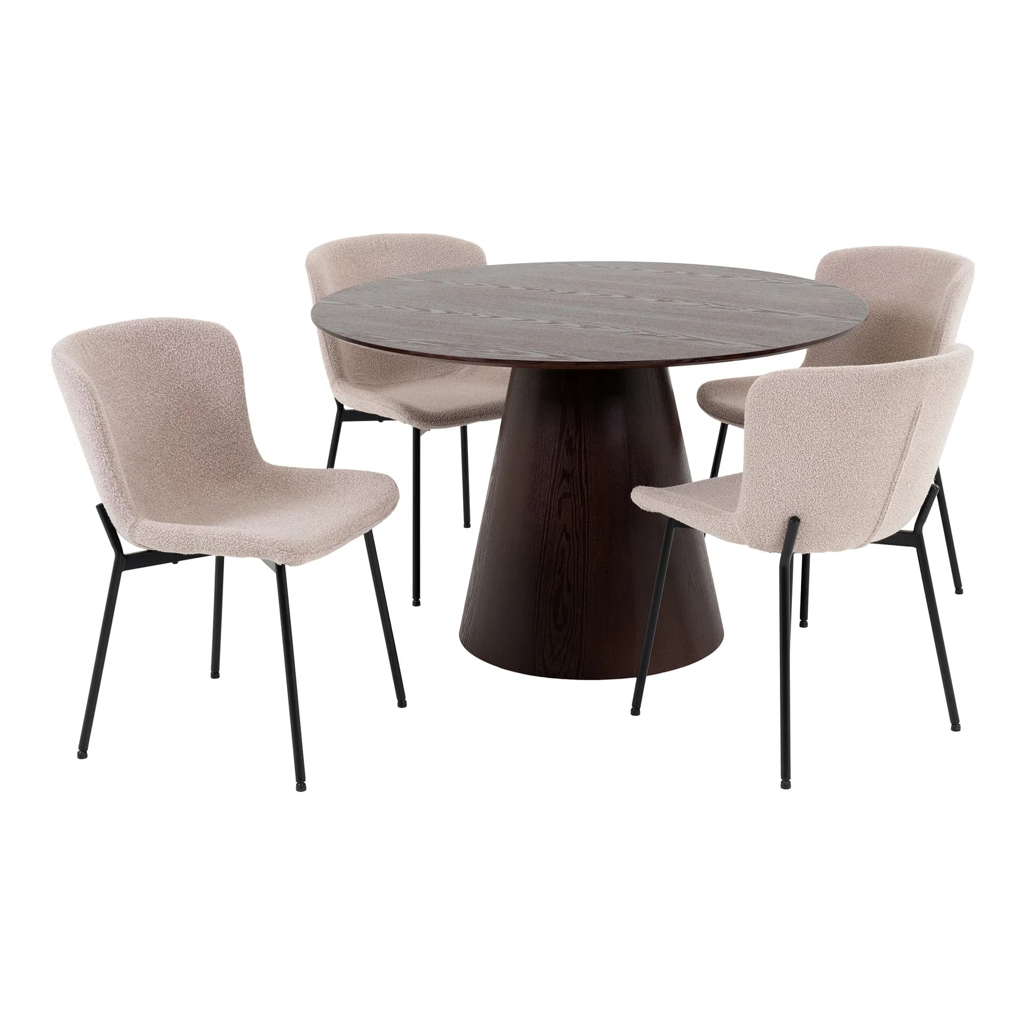 HOUSE NORDIC Bolton och Maceda matbordsset, 1 matbord, 4 matstolar - beige tyg/valnötsfaner