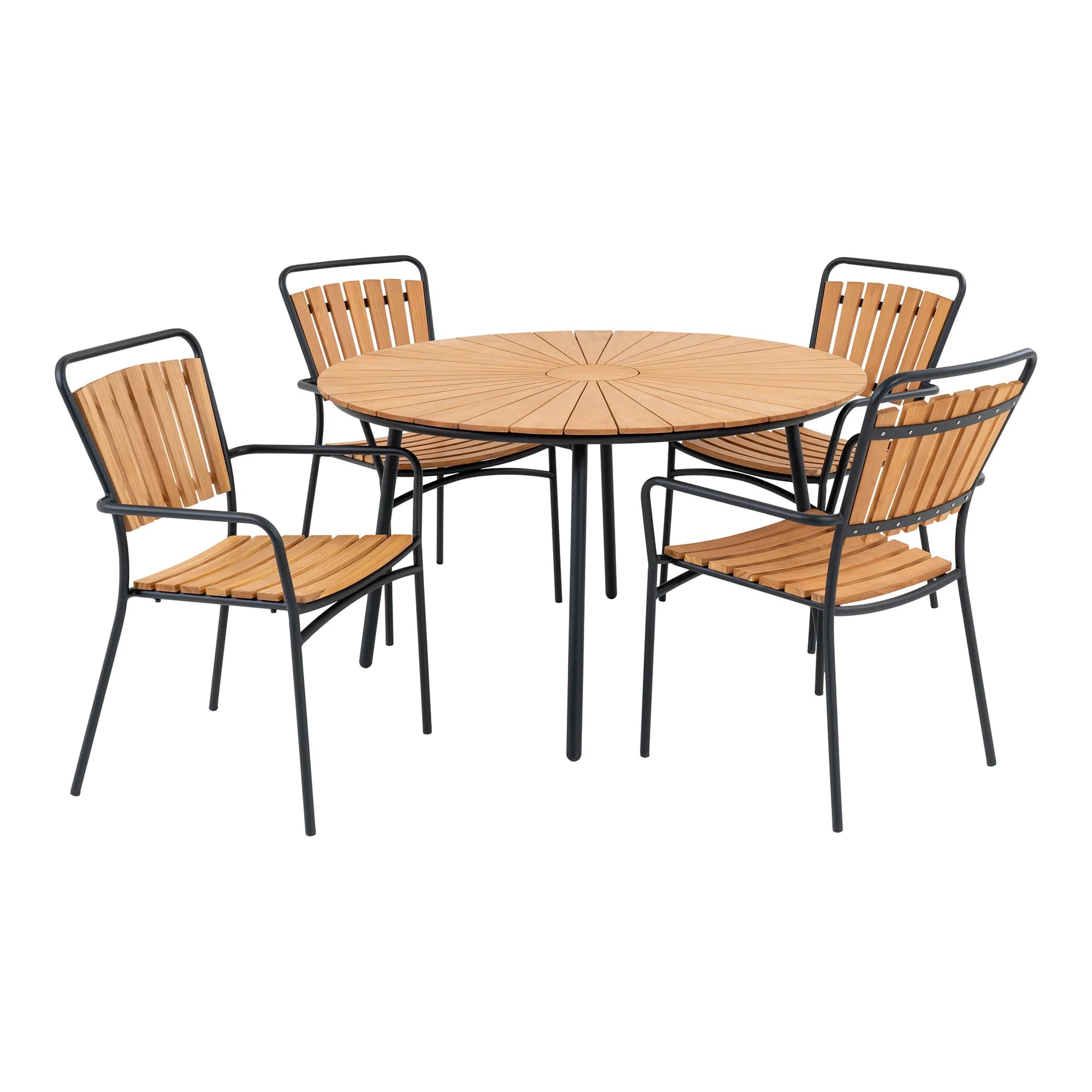 HOUSE NORDIC Cleveland trädgårdsmöbelset, 1 trädgårdsbord och 4 trädgårdsstolar - naturteak och svart metall