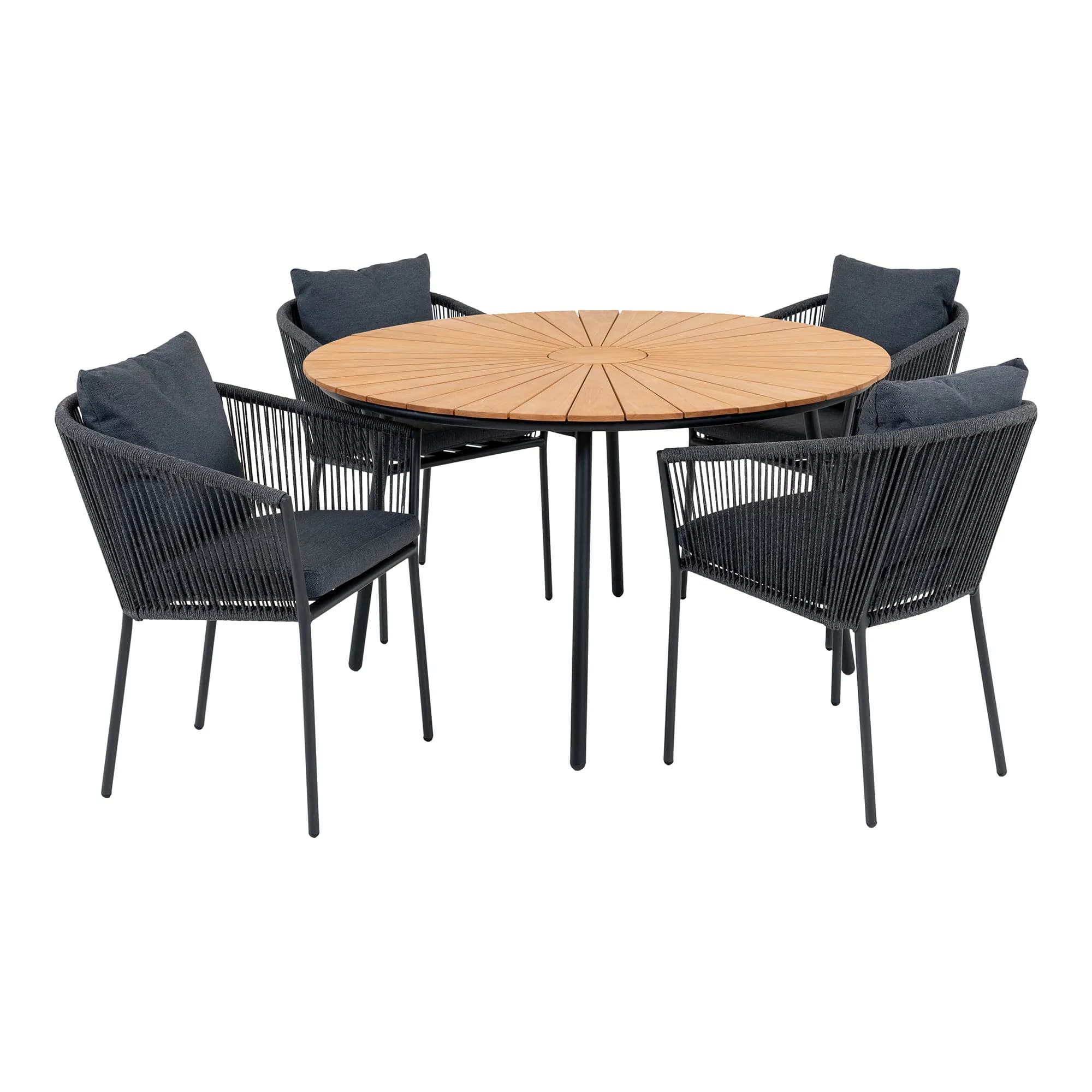 HOUSE NORDIC Cleveland och Salerno trädgårdsmöbelset, 1 trädgårdsbord och 4 trädgårdsstolar - grått rep/naturteak