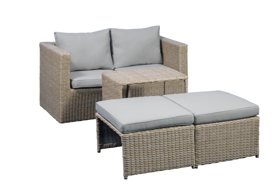 Modulär utomhusloungegrupp, med 1 soffa, 1 bord, 2 pallar, beige tygkuddar - brun PE-rotting (set om 5)