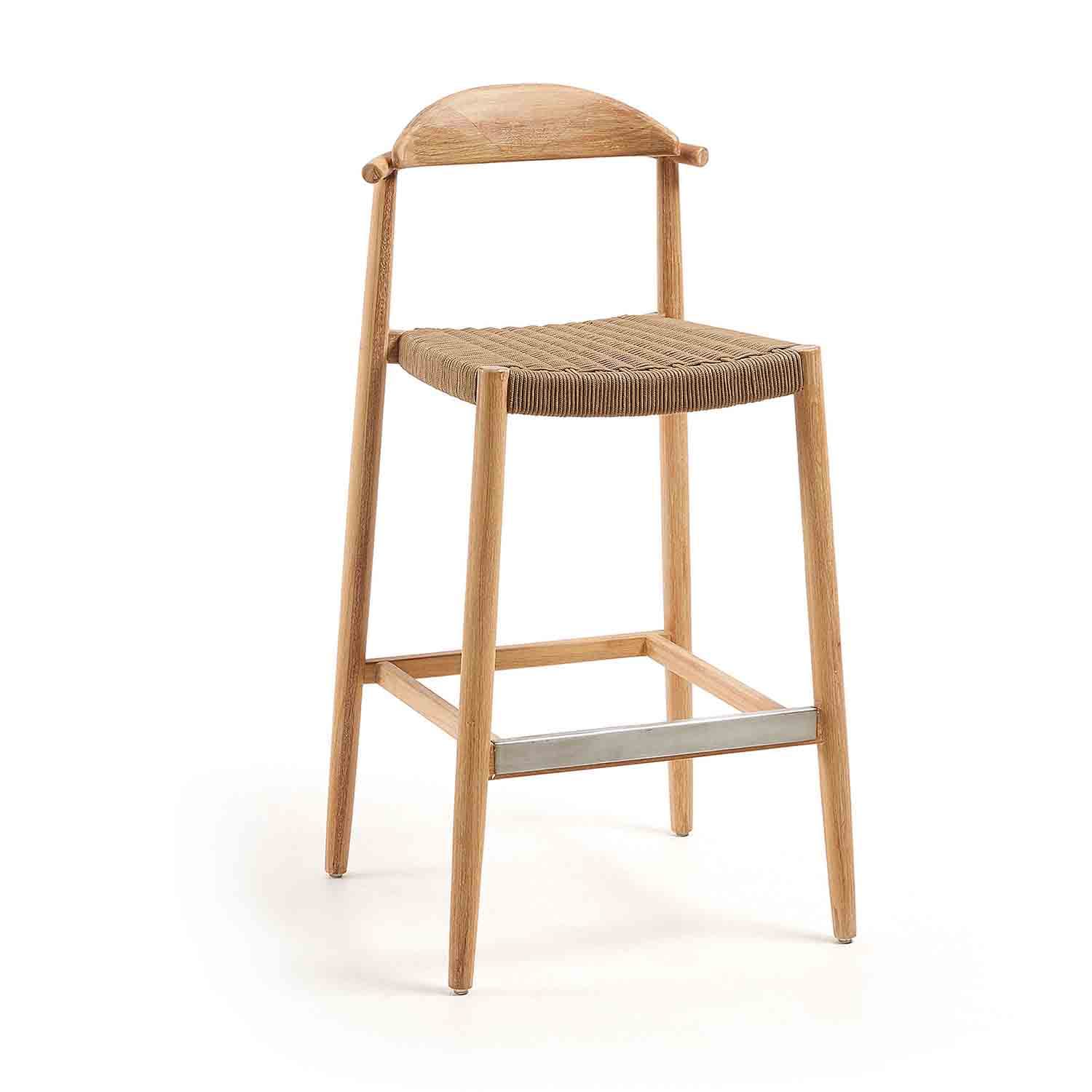 KAVE HOME Glynis 77 Barstol för Trädgården, med Ryggstöd och Fotstöd - Beige Rep och Naturlig Eukalyptustriver