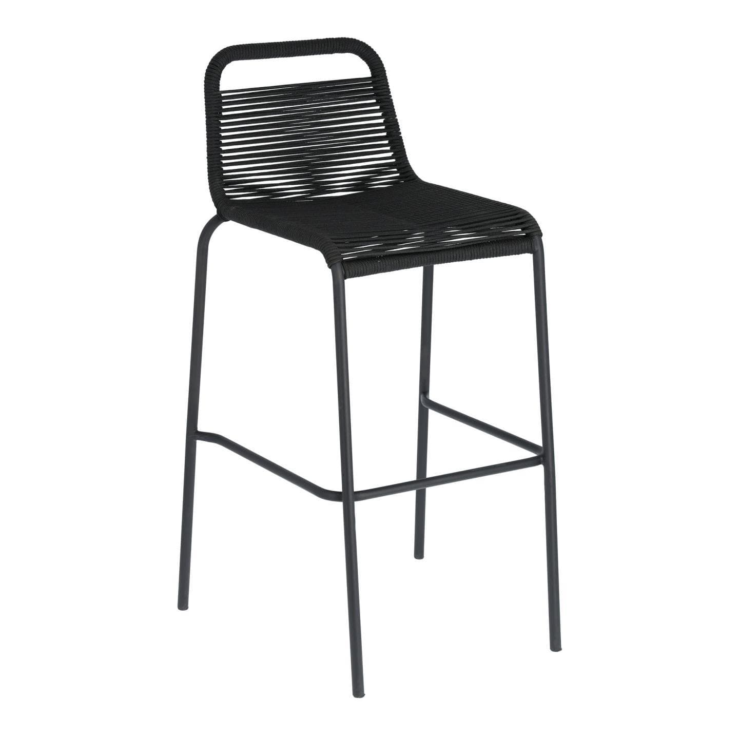KAVE HOME Svart Glenville Barstol för Trädgården, med Ryggstöd och Fotstöd - Svart Rep och Stål (100 cm)