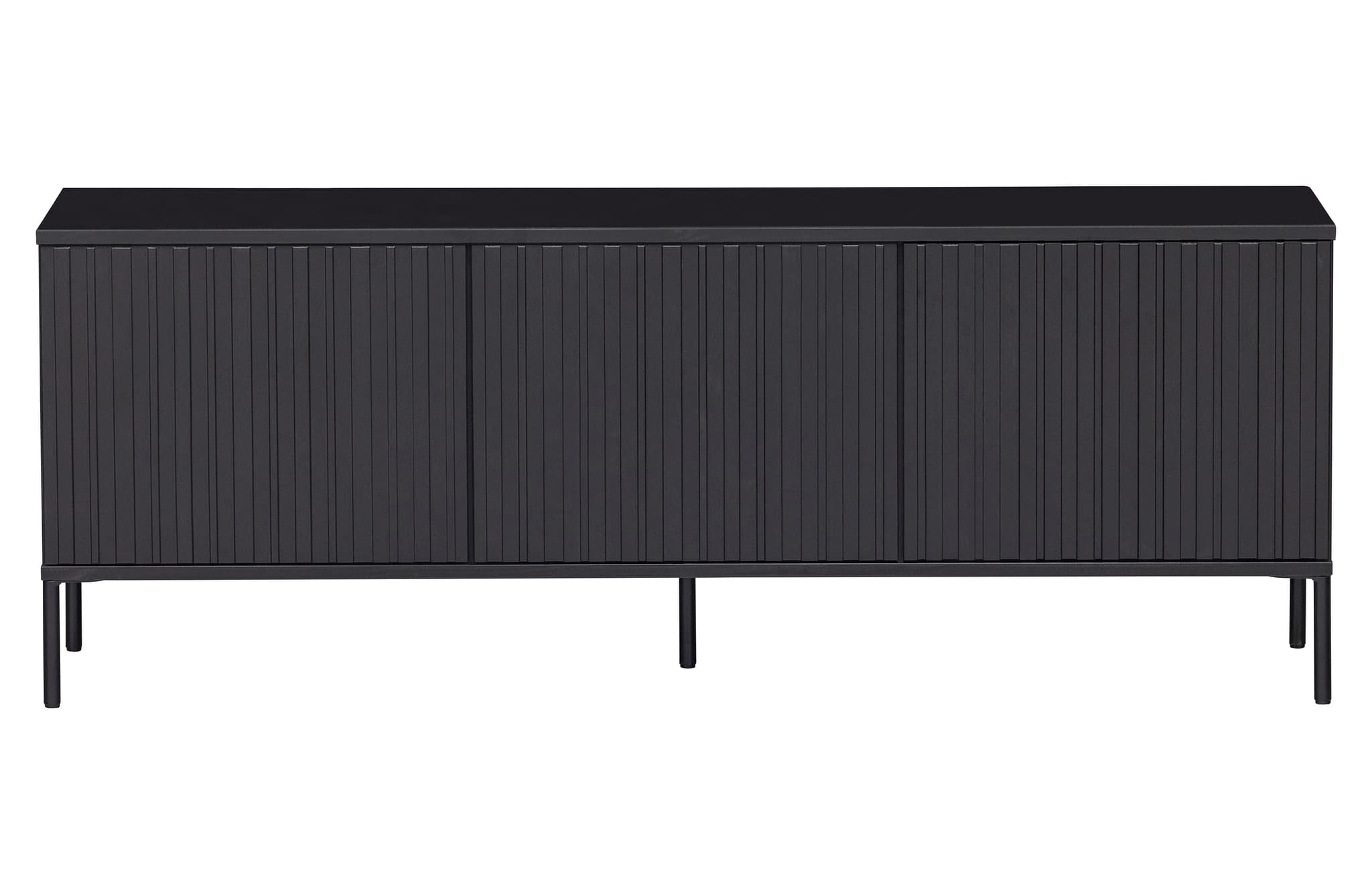 WOOOD EXCLUSIVE Nytt Gravure TV-bord, w. 3 tryck för att öppna dörrar - svart furu och svart metall (B:150)