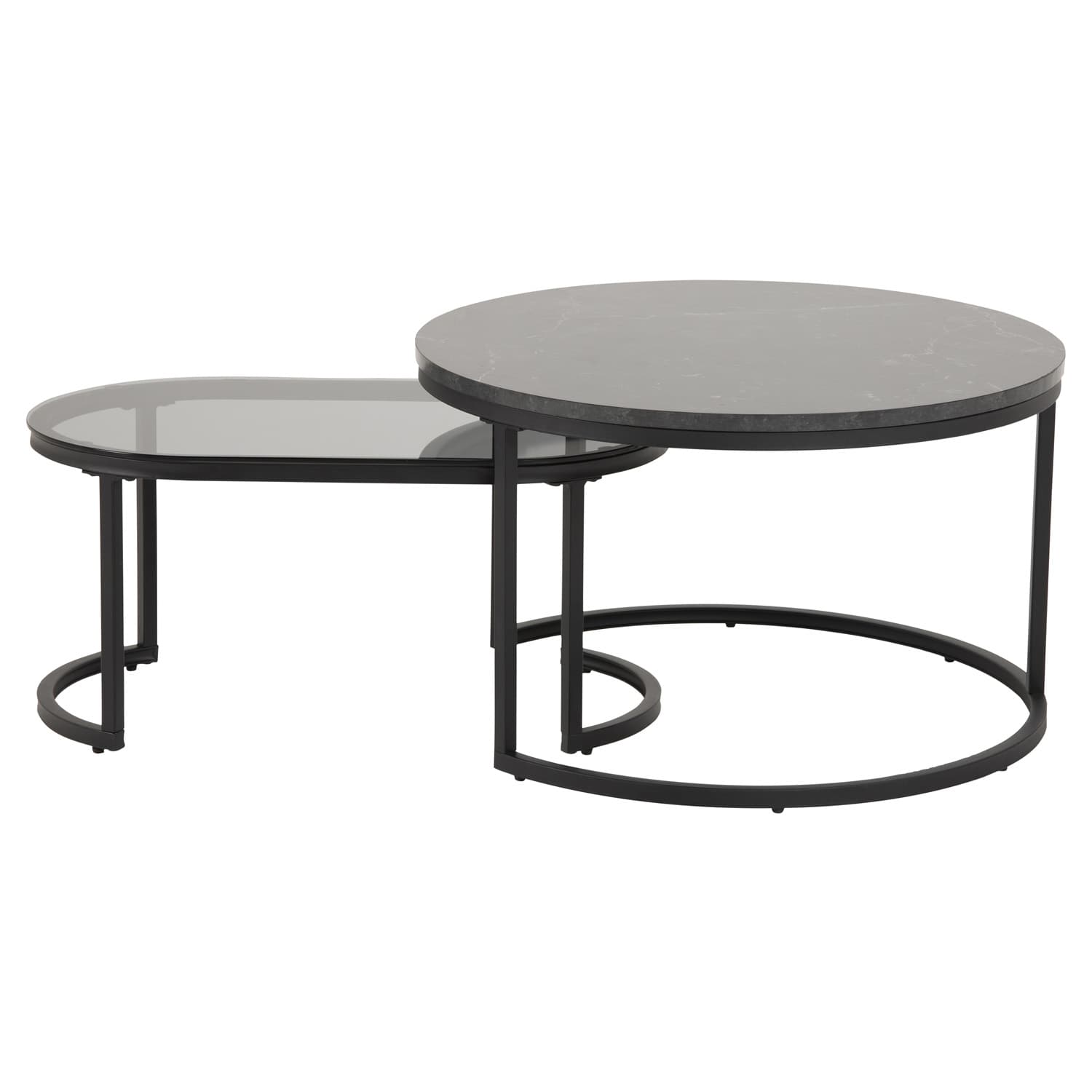 ACT NORDIC Spiro Soffbordsset - Svart Melamin med Marmortryck / Rökfärgat Glas och Svart Metall (Set om 2 cm)