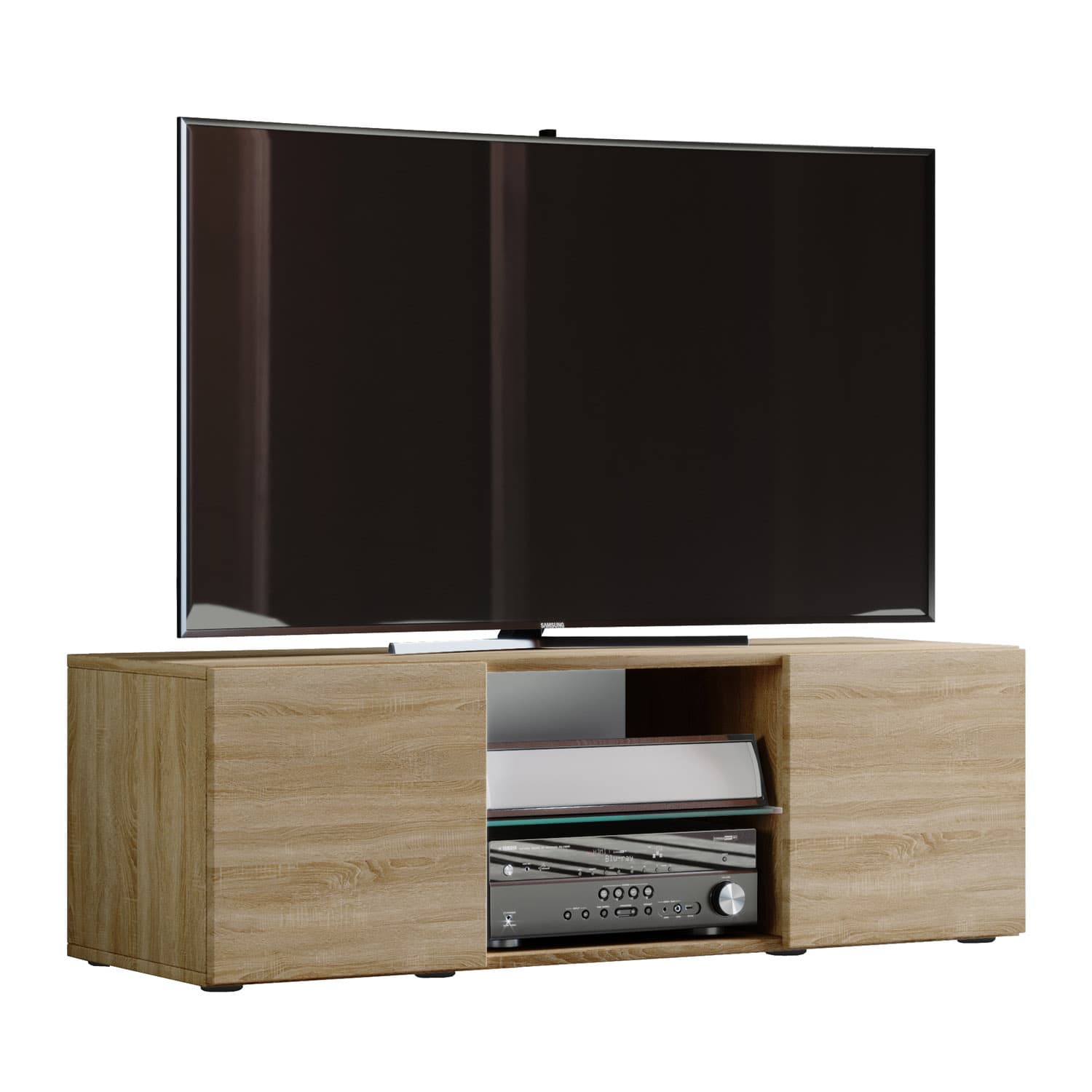 VCM NORDIC Lowina 115 TV-bänk, med 2 dörrar och 1 hylla - glas och natur trä