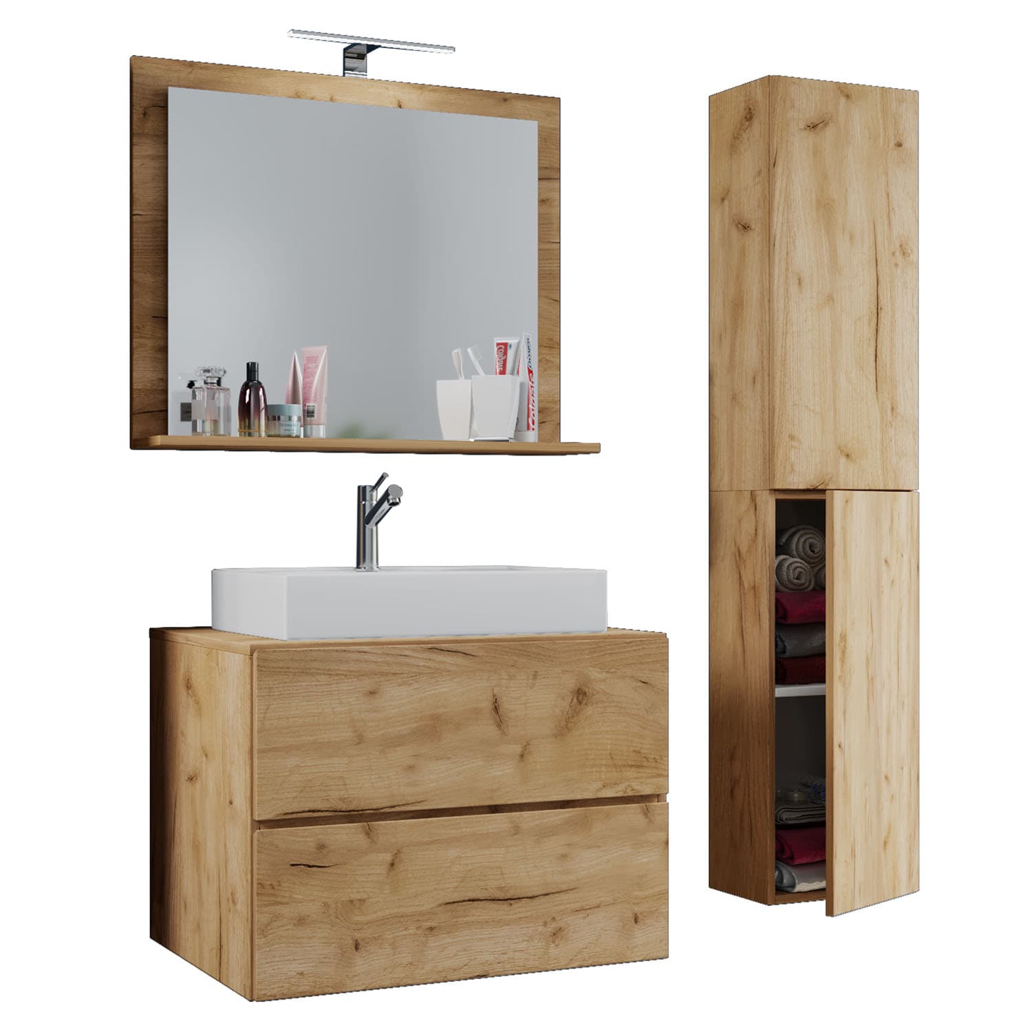 VCM NORDIC Lendas M badrumsmöbler set - spegelglas, keramik och naturlig melamin (set med 4)