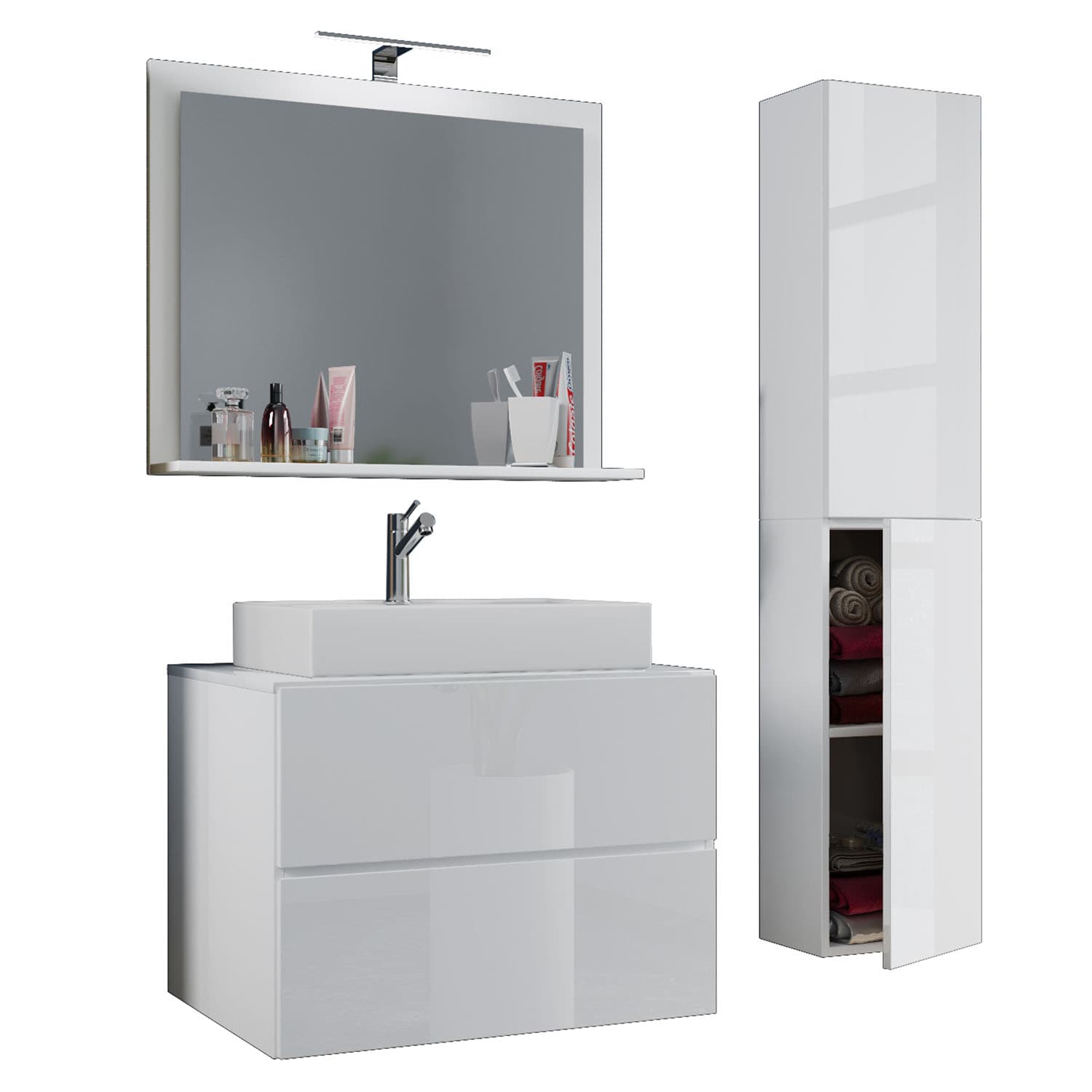 VCM NORDIC Lendas M badrumsmöbler set - spegelglas, keramik och vit melamin (set med 4)