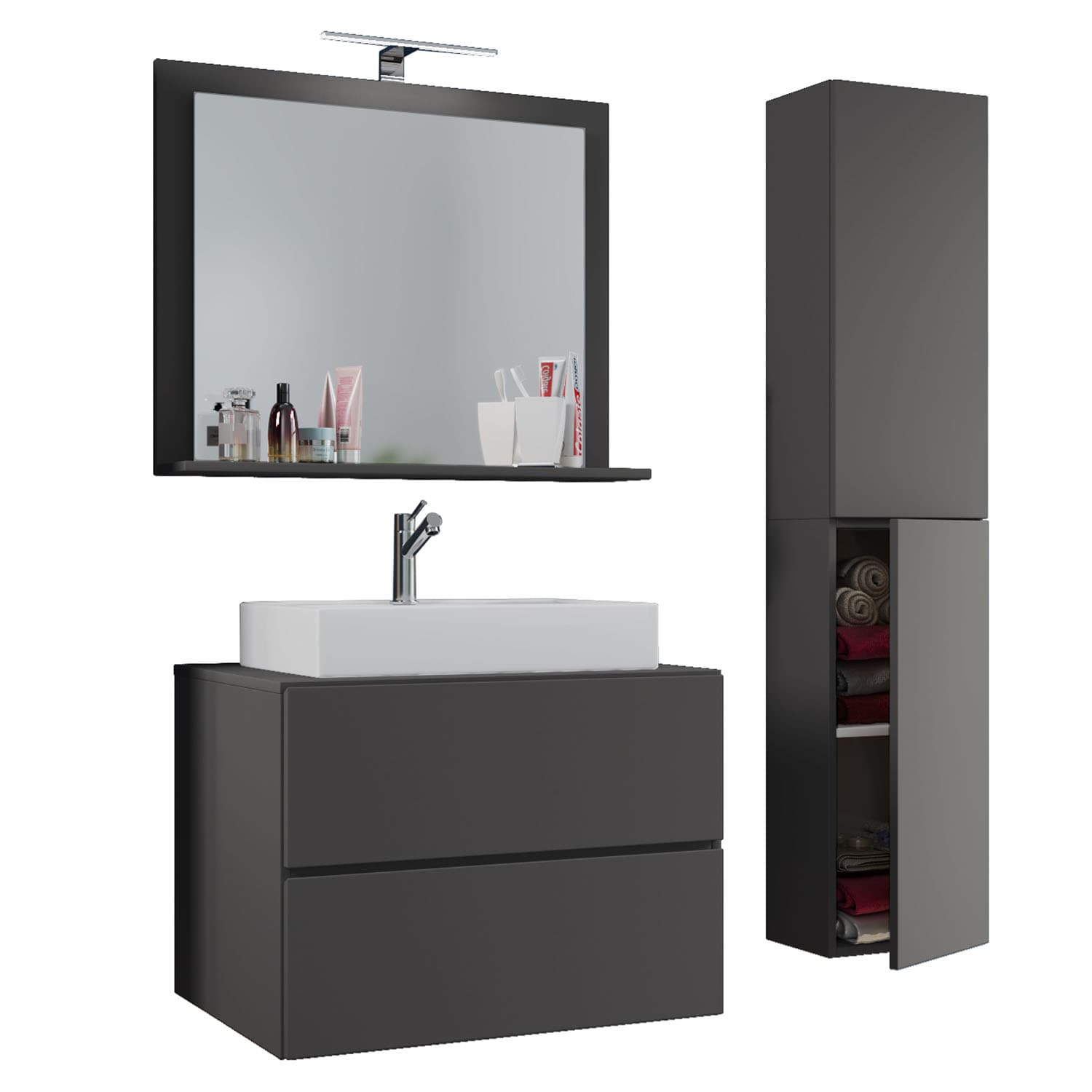 VCM NORDIC Lendas M badrumsmöbler set - spegelglas, keramik och antracitgrå melamin (set om 4)