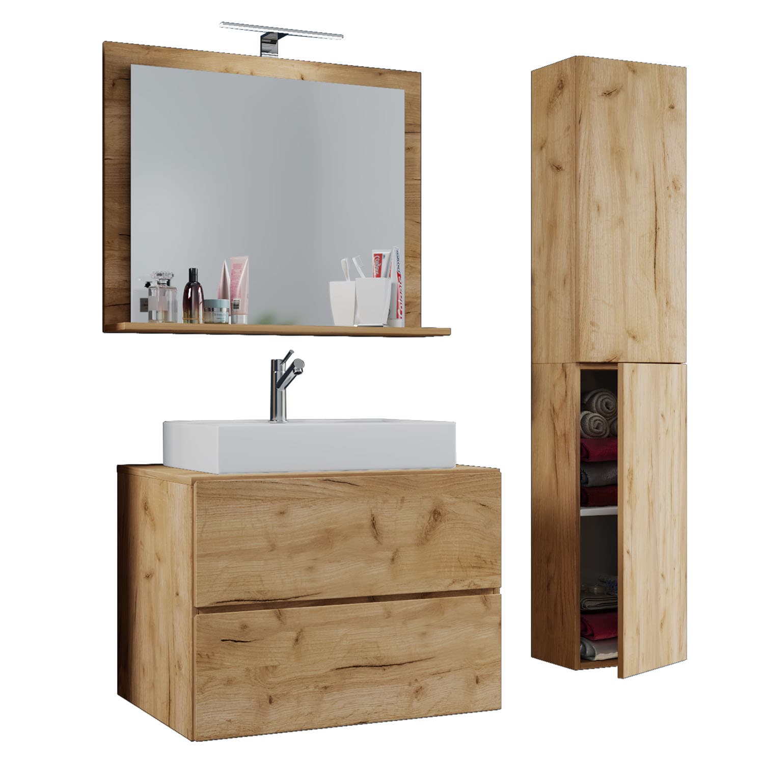 VCM NORDIC Lendas M badrumsmöbelset - spegelglas, keramik och naturfärgad melamin (set om 4)
