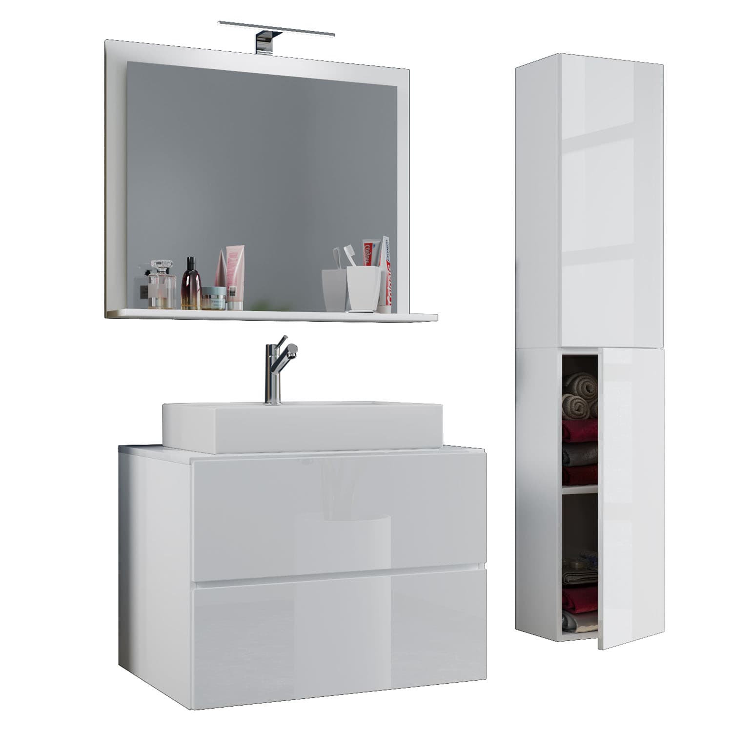 VCM NORDIC Lendas M badrumsmöbler set - spegelglas, keramik och vit melamin (set med 4)
