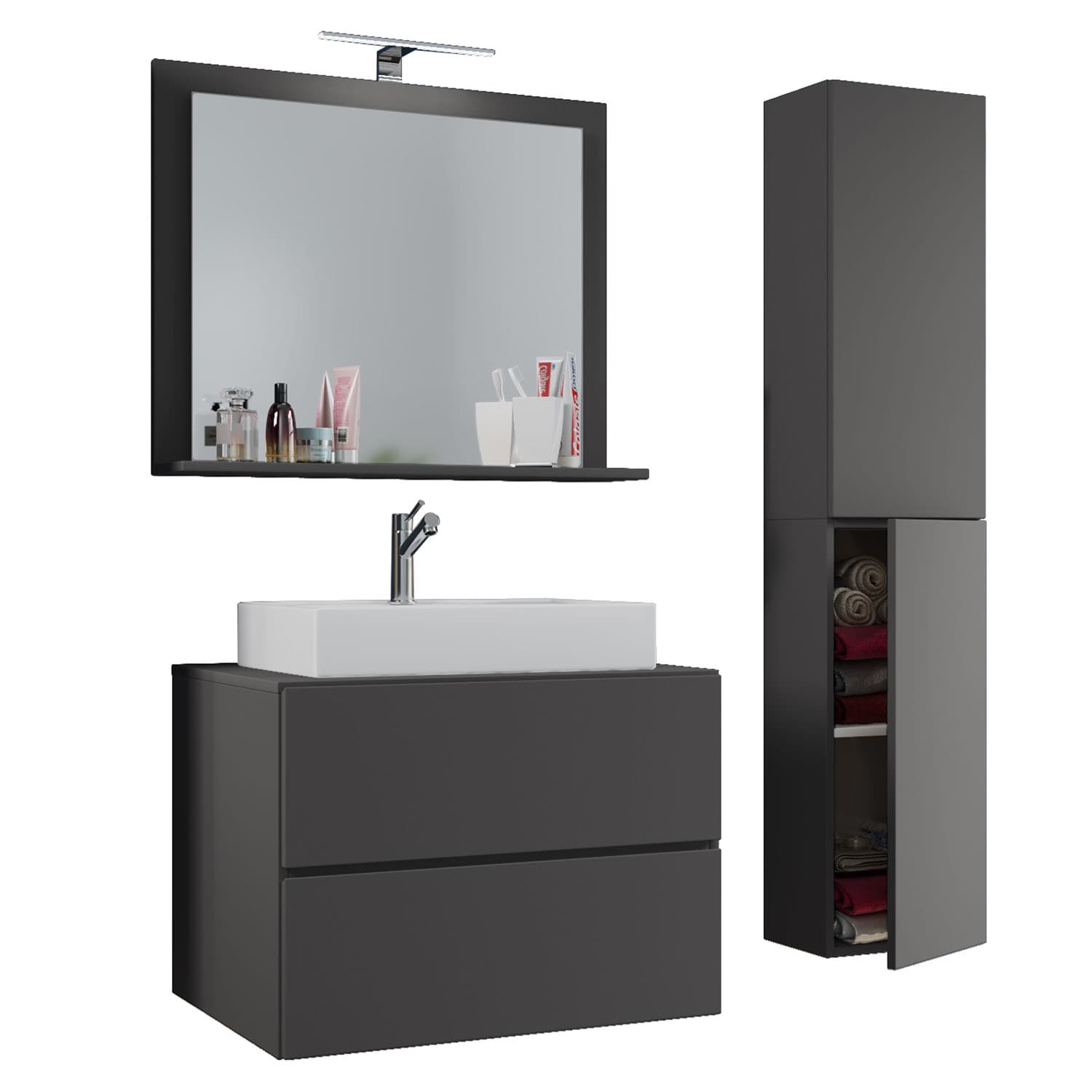 VCM NORDIC Lendas M badrumsmöbler set - spegelglas, keramik och antracitgrå melamin (set om 4)
