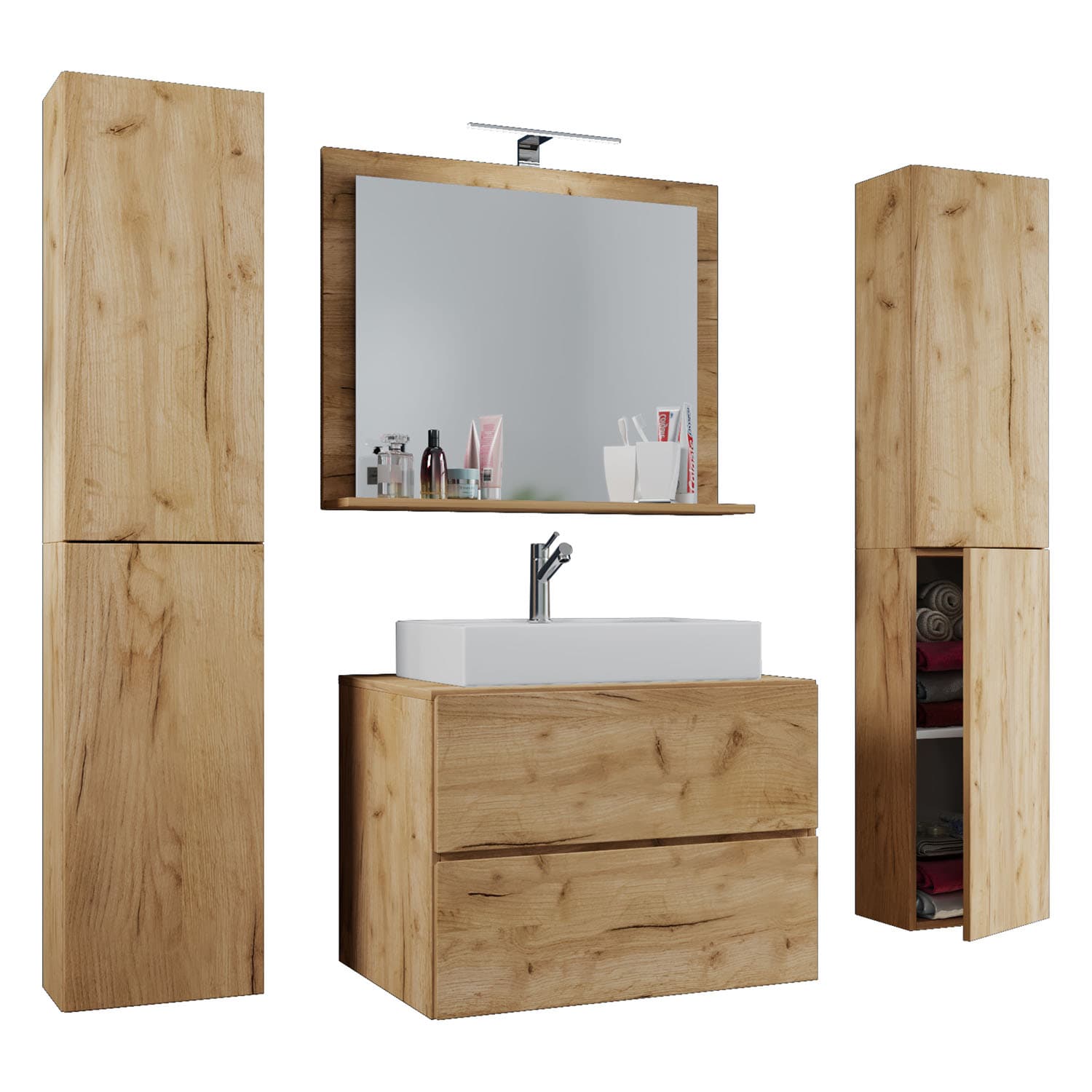 VCM NORDIC Lendas M badrumsmöbler set - spegelglas, keramik och naturlig melamin (set om 5)