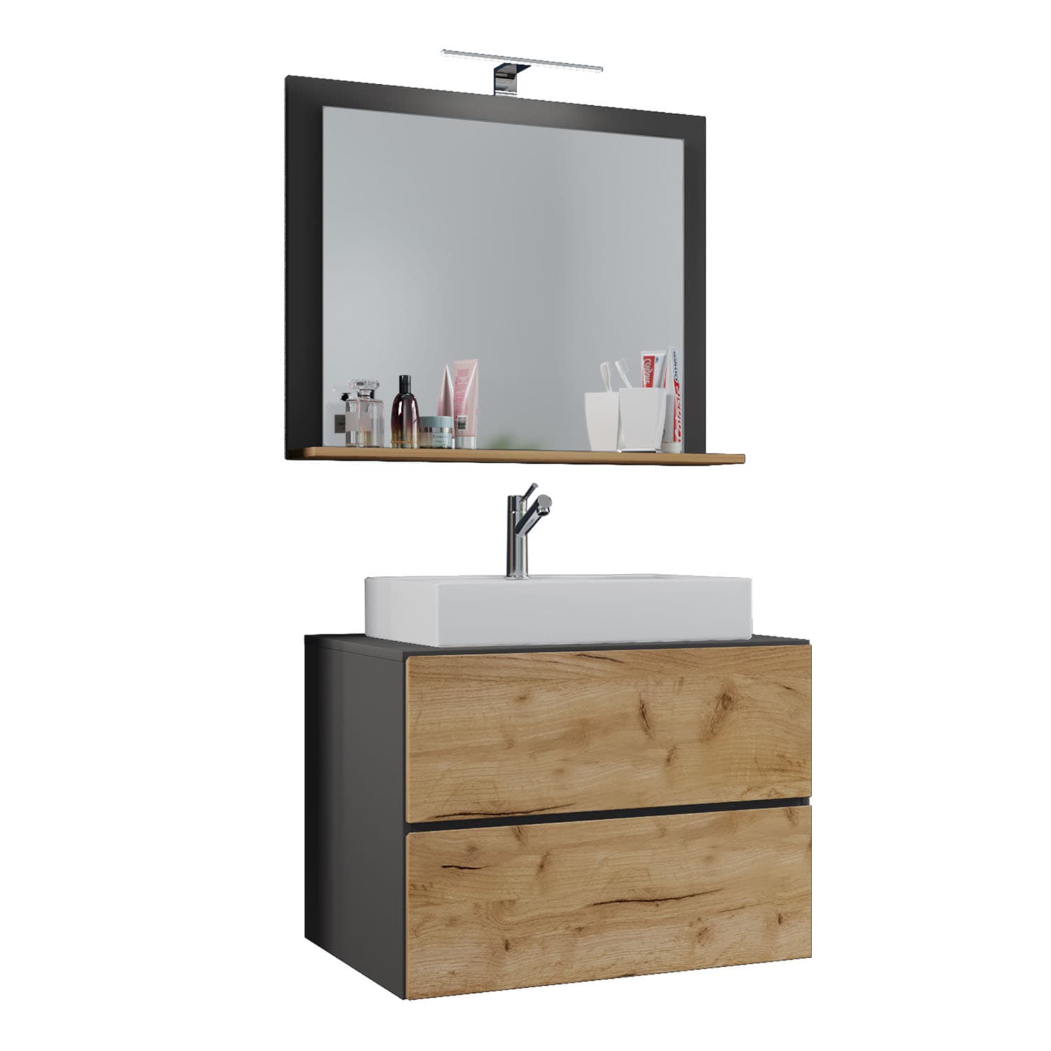 VCM NORDIC Lendas M badrumsmöbler set - spegelglas, keramik och antracitgrå och naturlig melamin (set om 3)