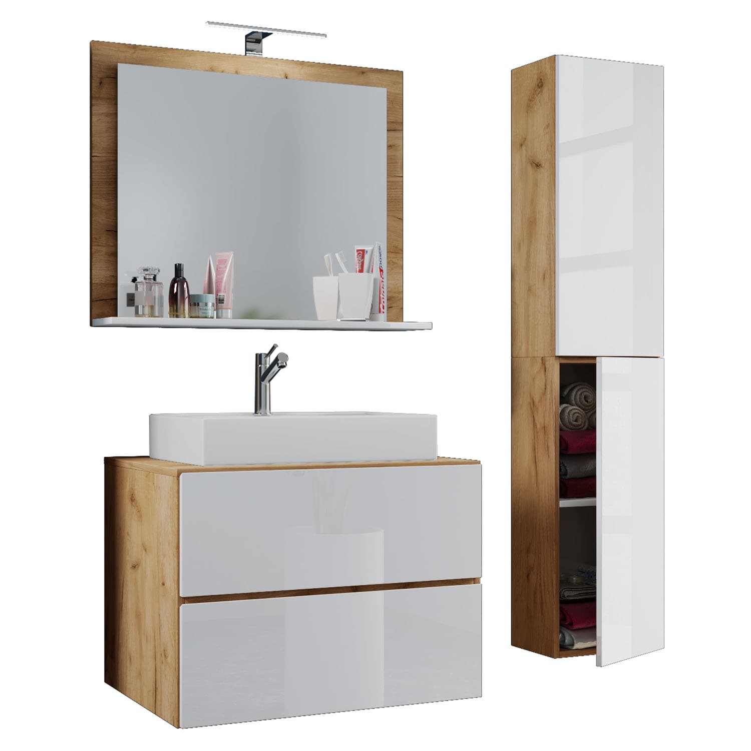 VCM NORDIC Lendas M badrumsmöbler set - spegelglas, keramik och vit och naturlig melamin (set med 4)