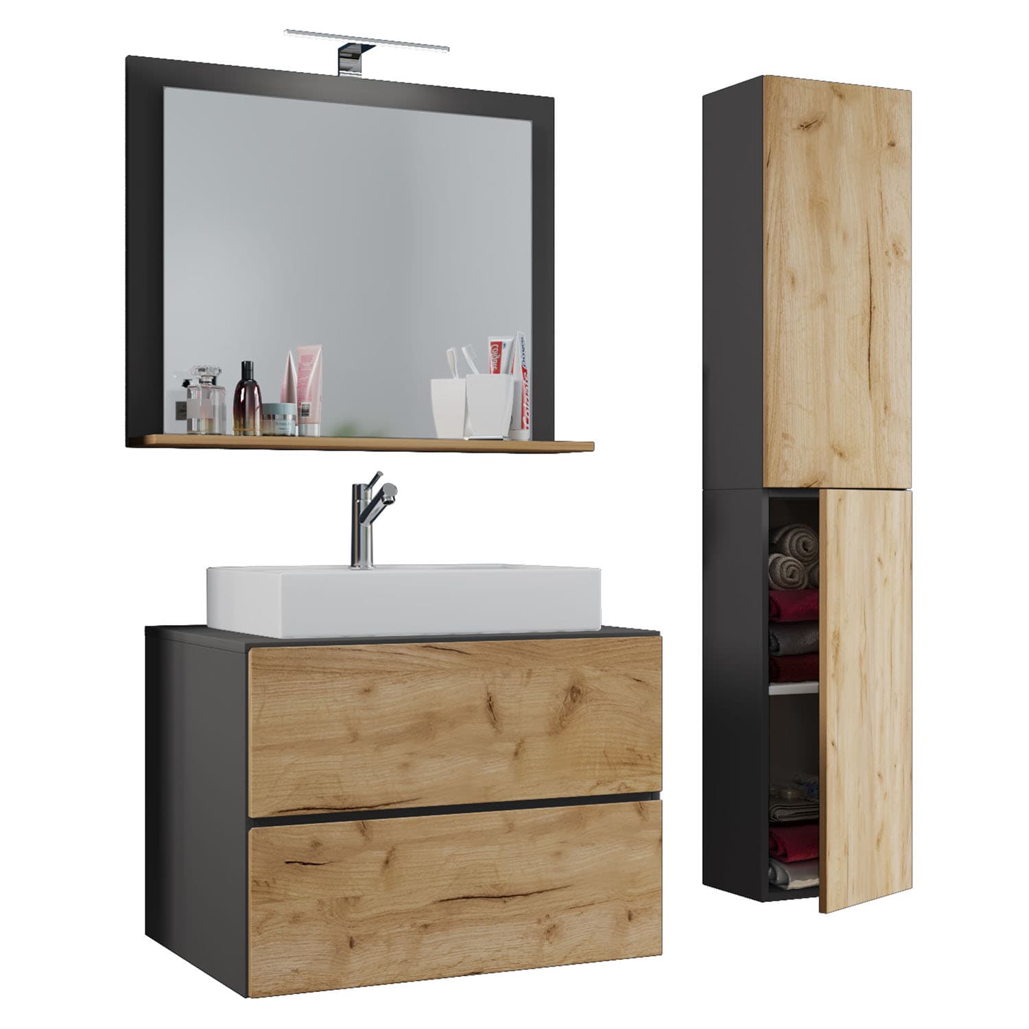 VCM NORDIC Lendas M badrumsmöbelset - spegelglas, keramik och antracitgrå och naturlig melamin (set om 4)