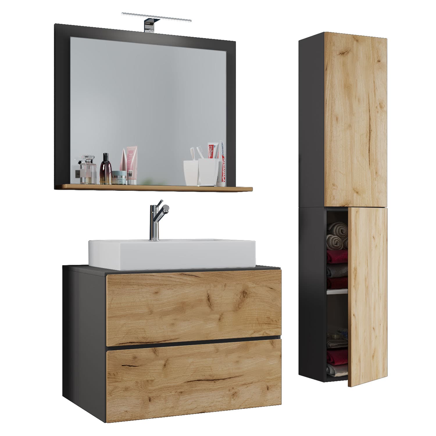 VCM NORDIC Lendas M badrumsmöbler set - spegelglas, keramik och antracitgrå och naturlig melamin (set om 4)