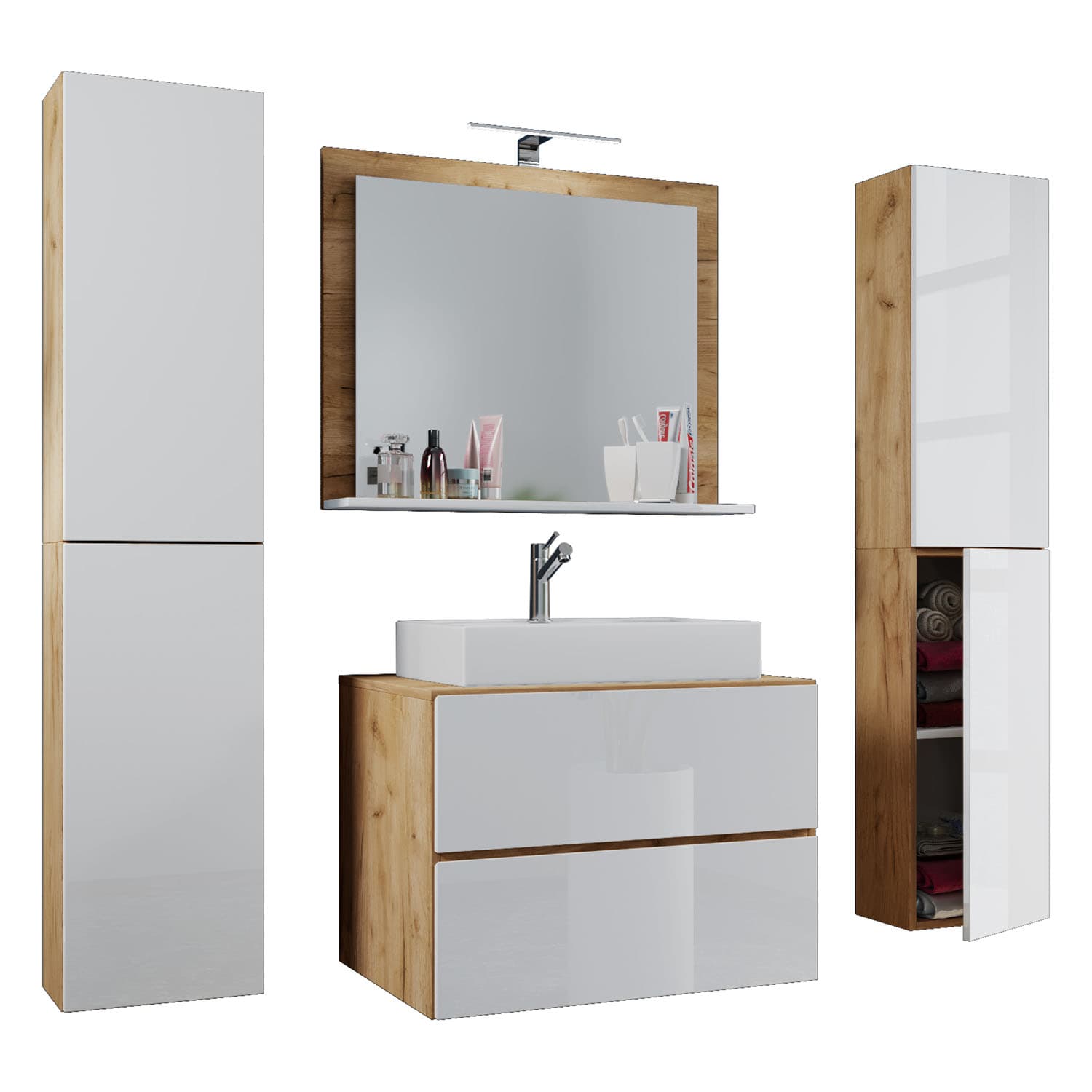 VCM NORDIC Lendas M badrumsmöbler set - spegelglas, keramik och vit och naturlig melamin (set om 5)