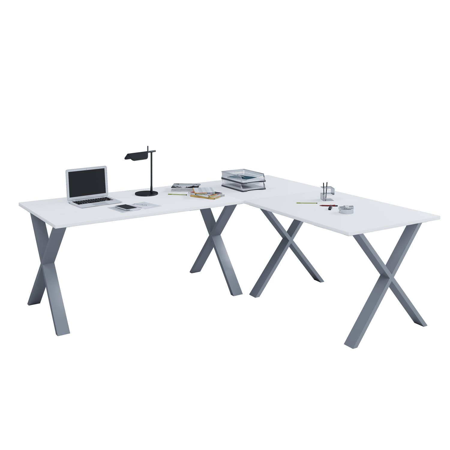 VCM NORDIC Lona X-feet hörnskrivbord - vitt trä och silvergrå metall (190x190x80)