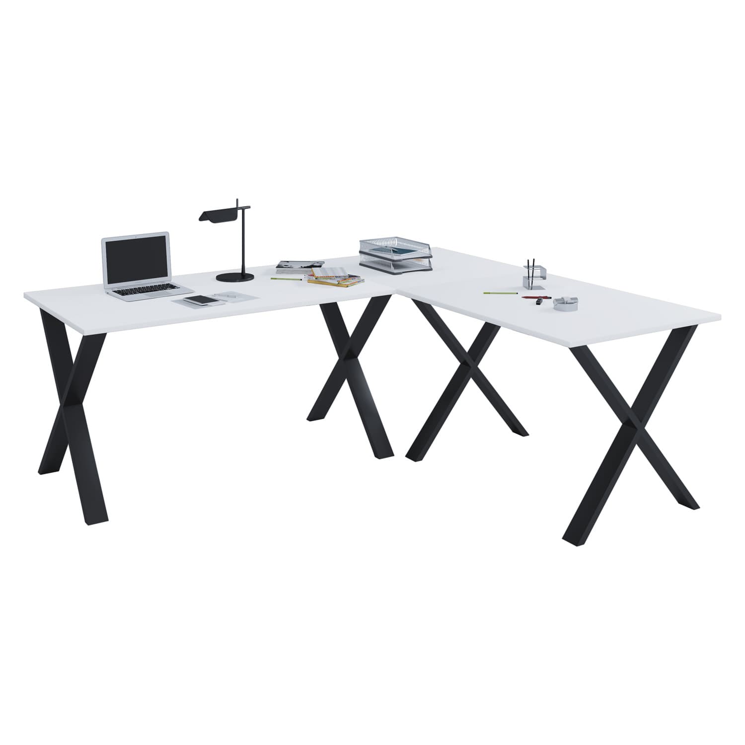 VCM NORDIC Lona X-feet hörnskrivbord - vitt trä och svart metall (190x160x50)