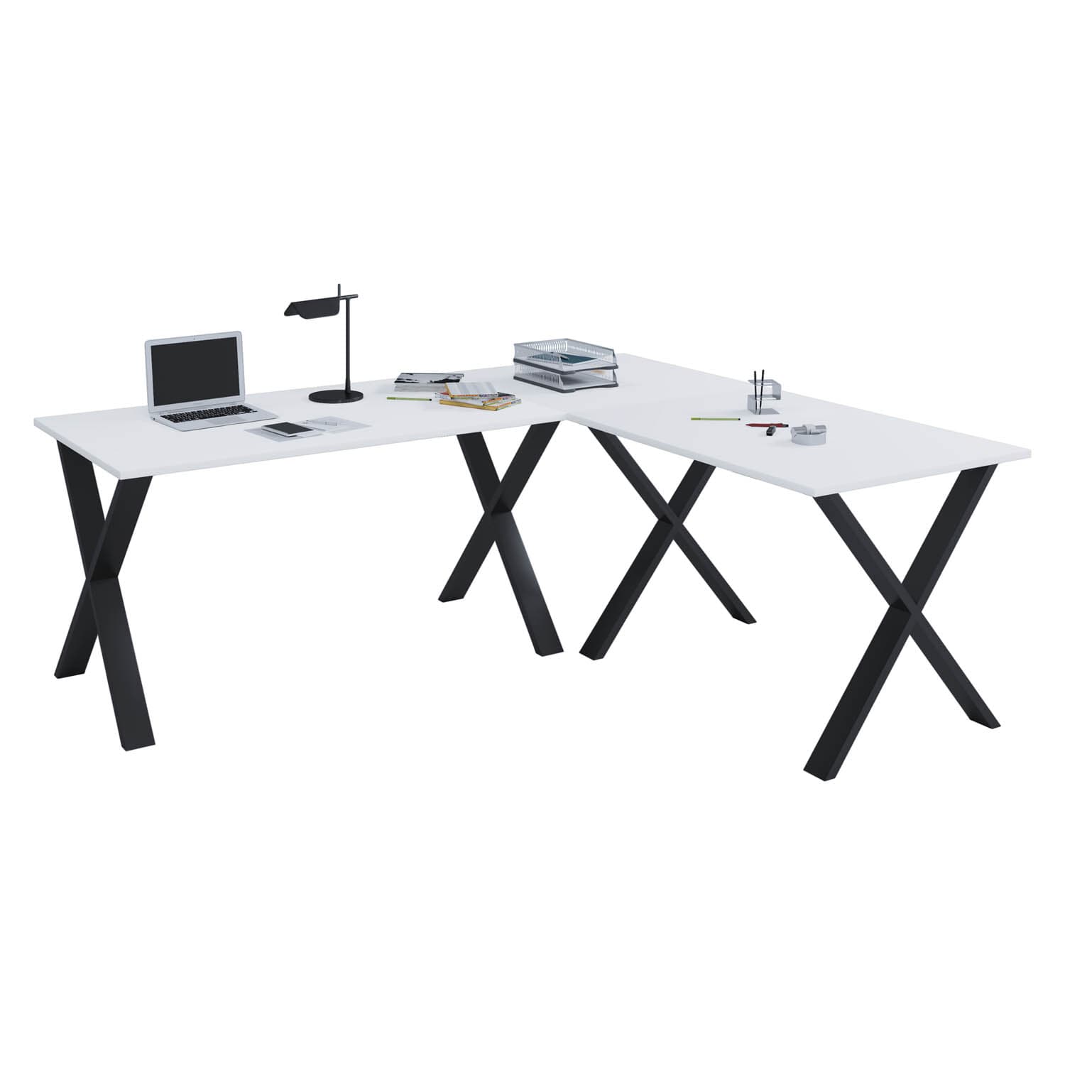 VCM NORDIC Lona X-feet hörnskrivbord - vitt trä och svart metall (190x190x50)