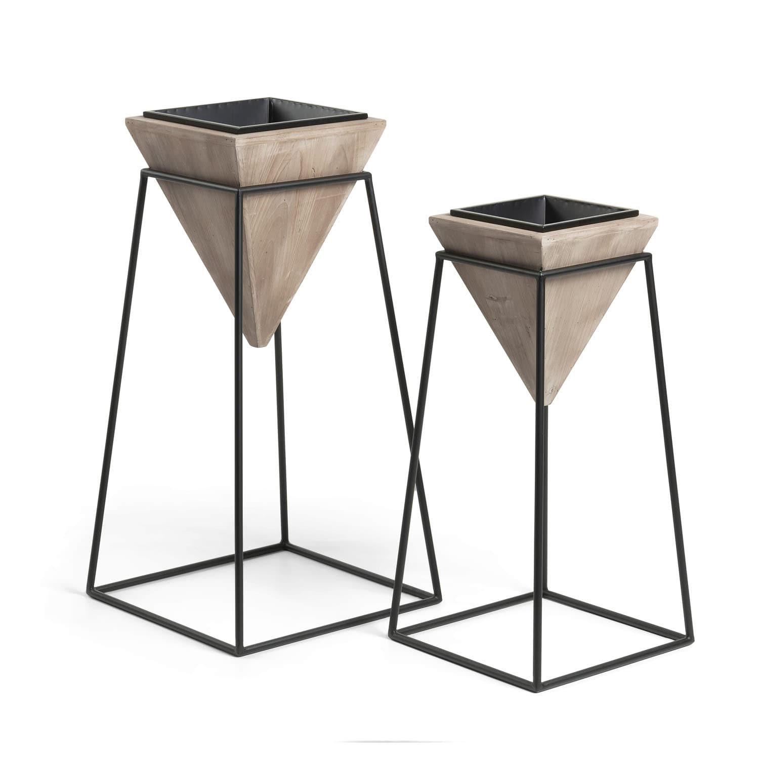 KAVE HOME Star blomkrukor, med bas, fyrkantig - svart metall och och furu (set med 2)