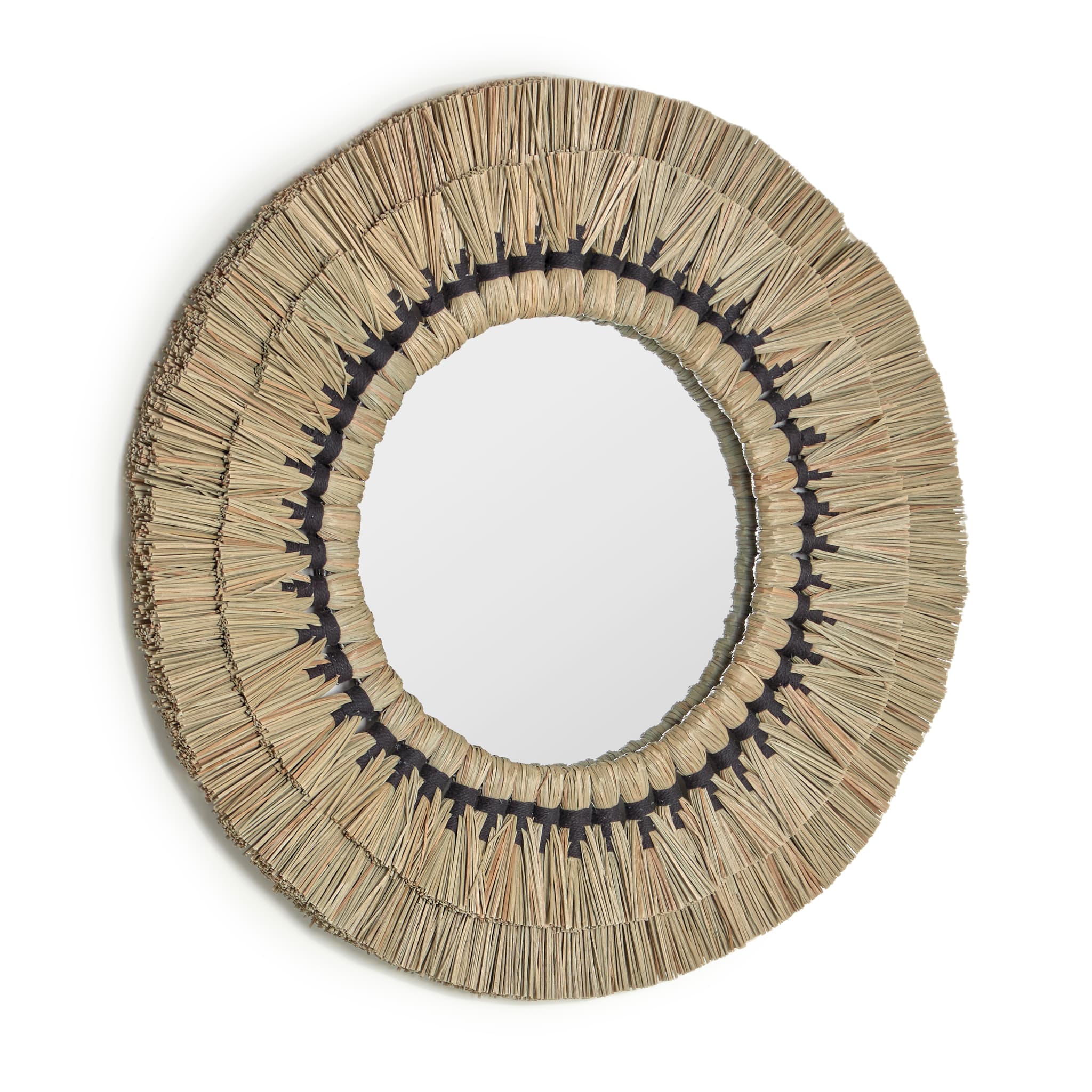 KAVE HOME Akila väggspegel, rund - spegelglas, beige naturfibrer och svart bomullssnöre (Ø60)