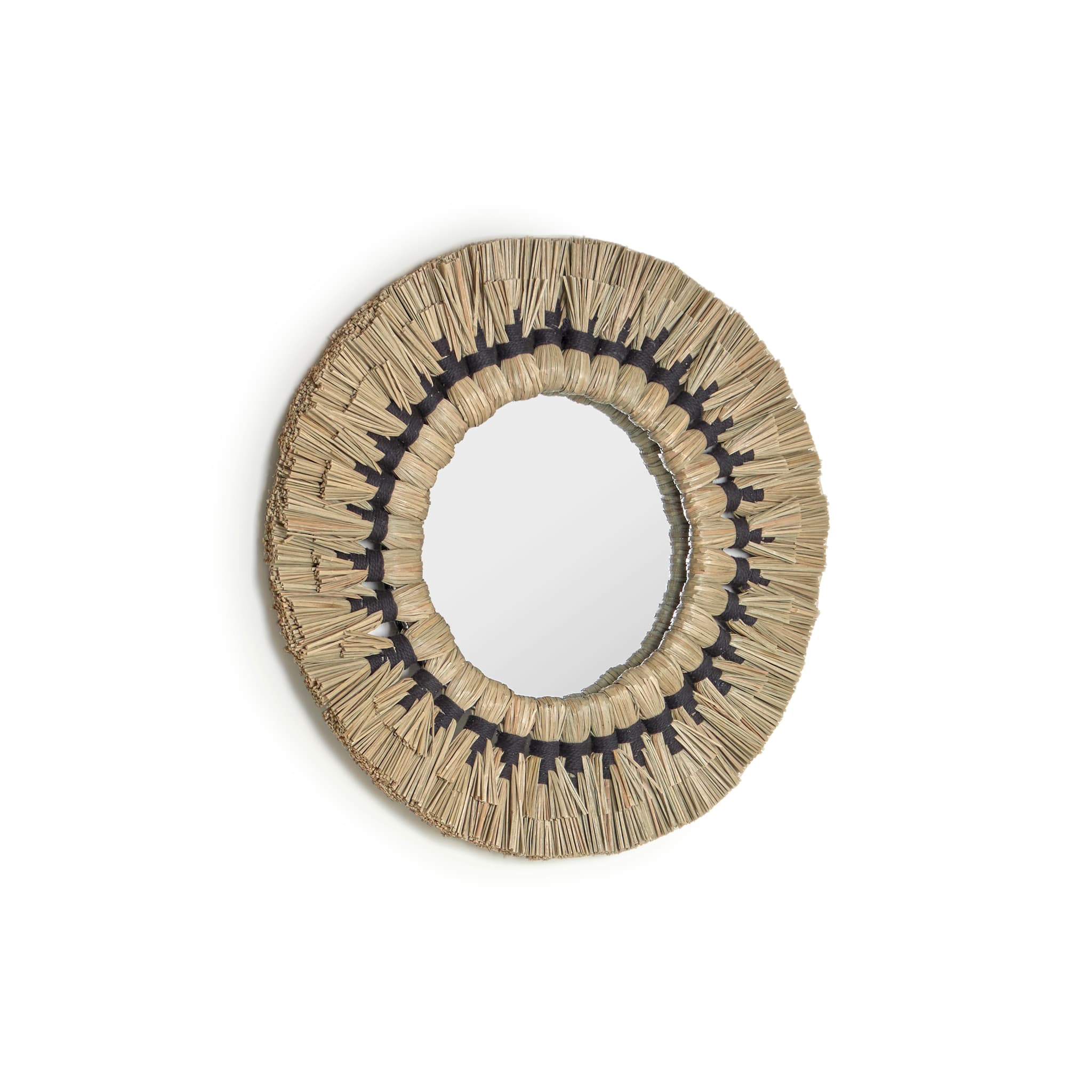 KAVE HOME Akila väggspegel, rund - spegelglas, naturliga naturfibrer och svart bomullssnöre (Ø40)