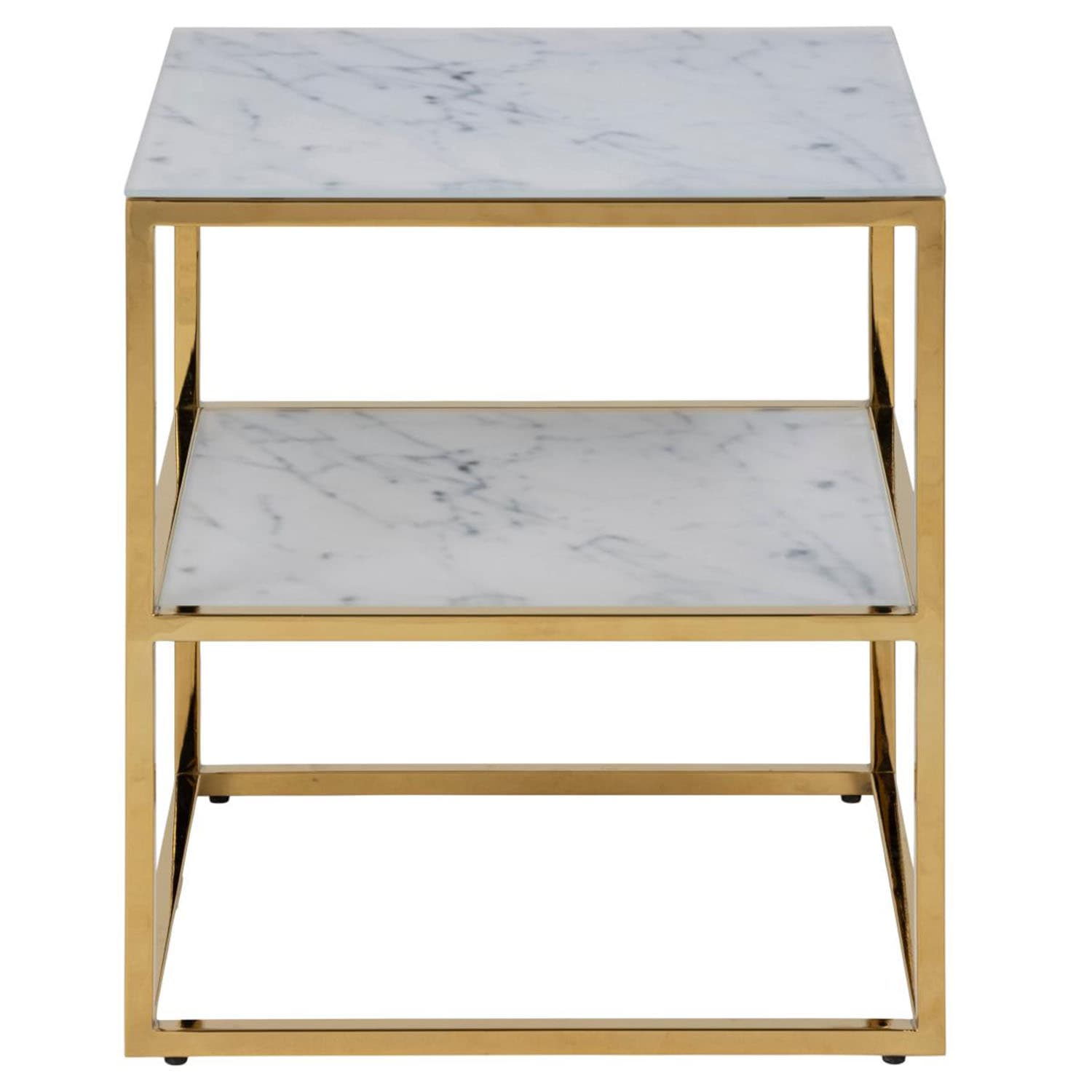 ACT NORDIC Alisma Sängbord, med Hylla - Vitt Marmortryck Glas och Guldmetall (45 x 40 cm)