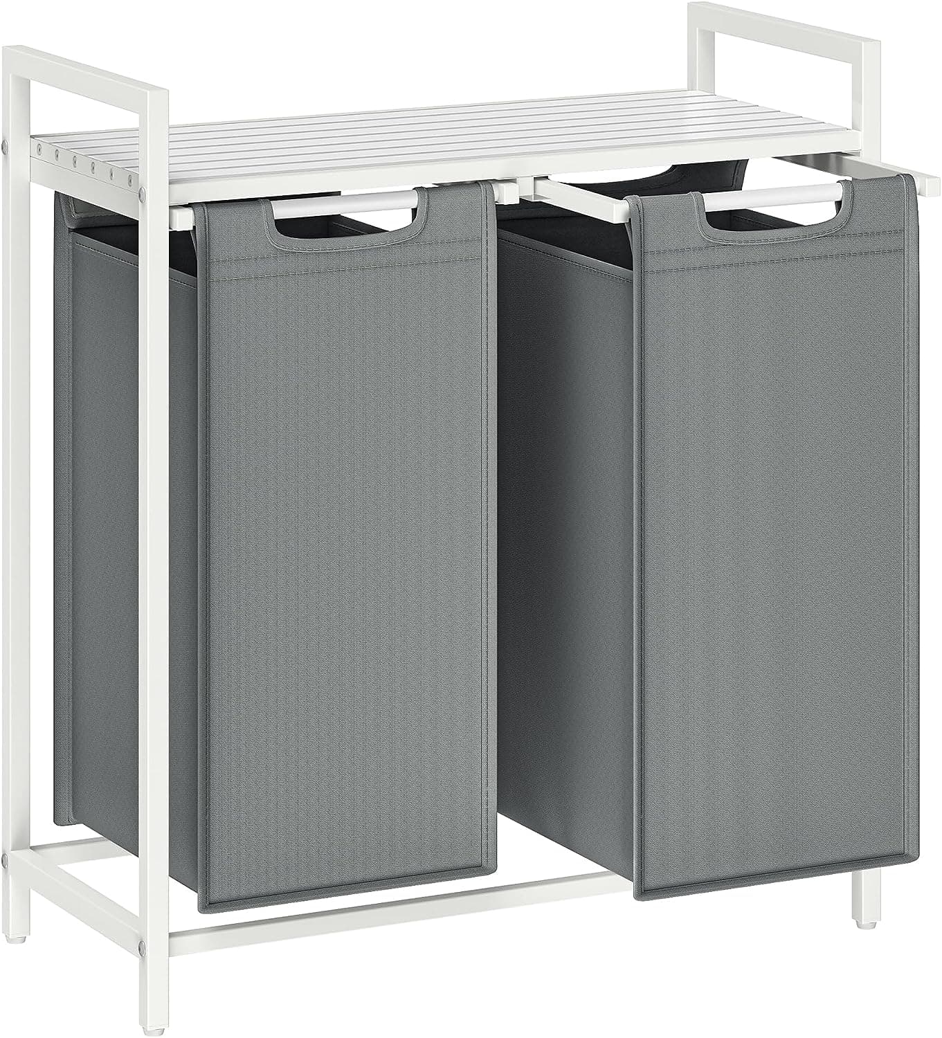 VASAGLE Tvättkorg, 2 fack, Tvättkorg med hylla, Tvättkorg, Oxford-tyg Tvättpåse, Utdragbar, Löstagbar, Metallram, 2 x 46 L, 73 x 33 x 72 cm, Vit/Ljusgrå, BLH201W11