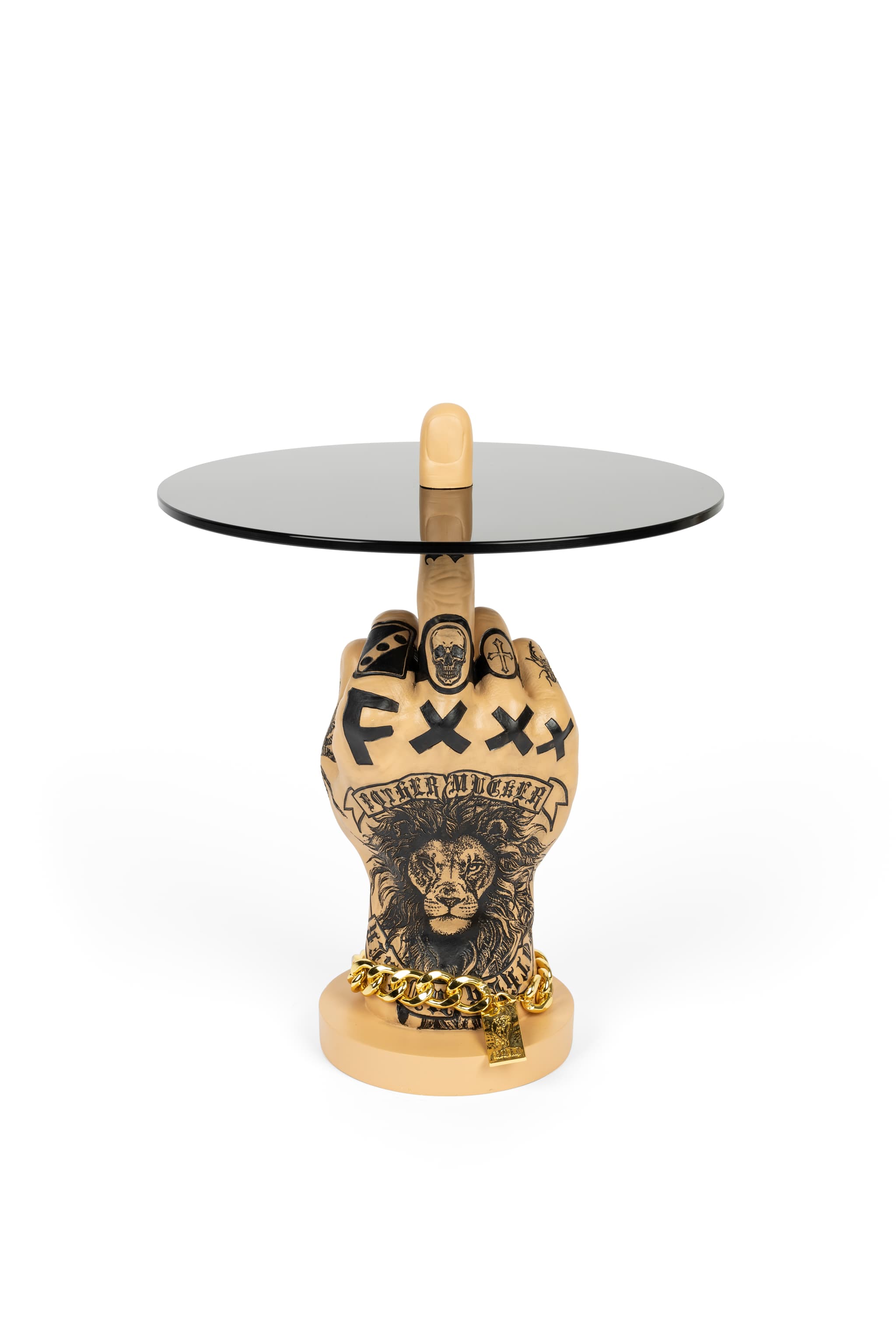 BOLD MONKEY Fother Mucker sidobord, runt - svart glas och guld/flerfärgat lejonharts (Ø40)