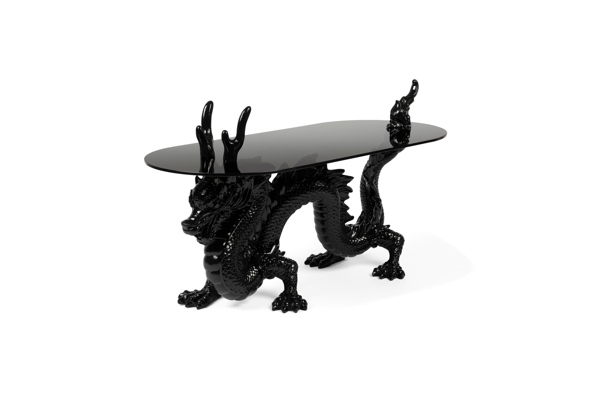 BOLD MONKEY Dragonized Bastard soffbord, ovalt - röksvart glas och svart harts/järn (100x45)