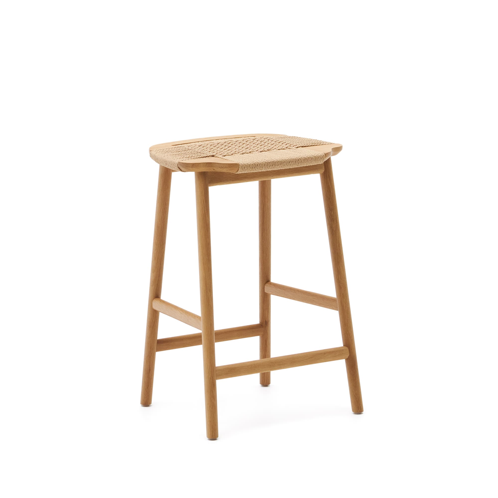 KAVE HOME Enit pall av beige papperssnöre och massiv ek med naturlig finish, 65 cm FSC Mix C