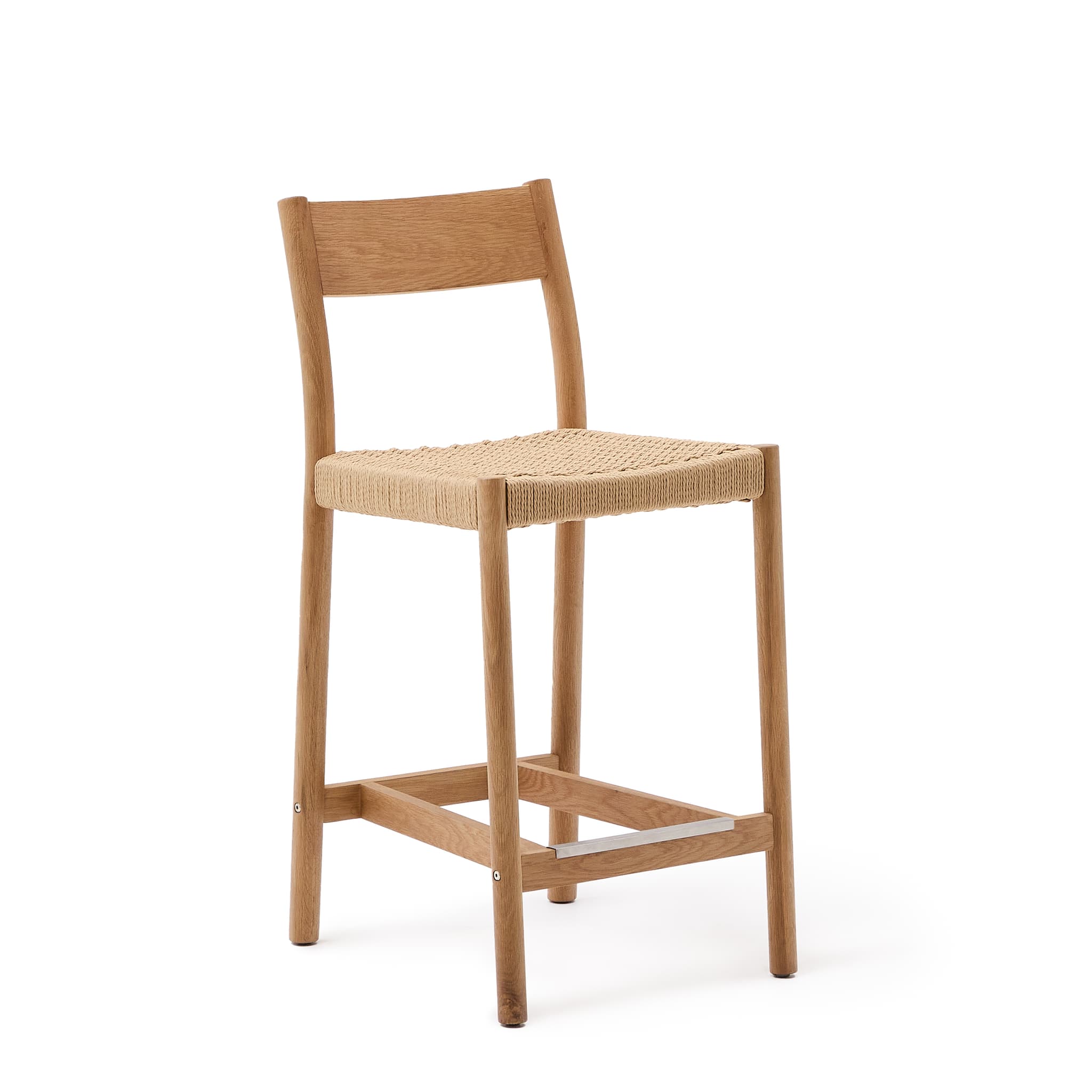 KAVE HOME Yalia pall med ryggstöd i massiv ek med naturlig finish och sits i rep, 65 cm