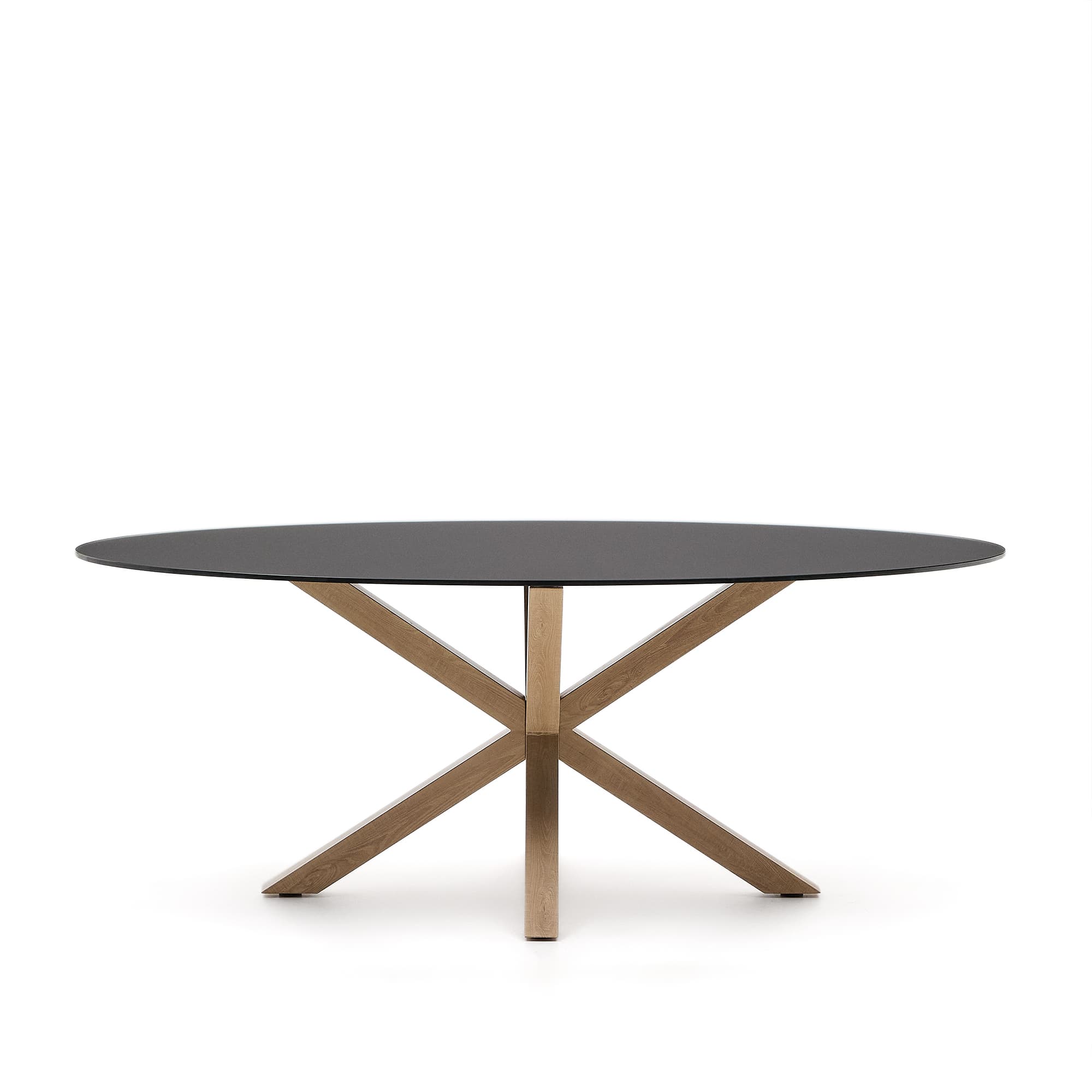 KAVE HOME Argo ovalt bord i mattsvart glas och stålben med träeffekt Ø200 x 100 cm