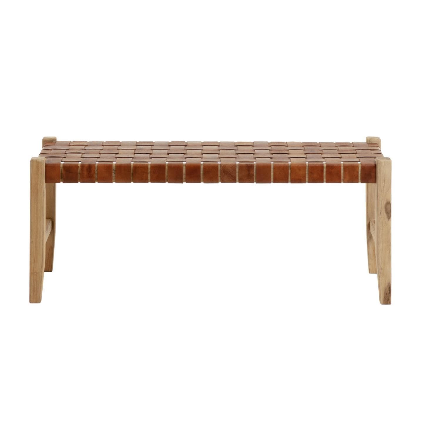 KAVE HOME Calixta bänk, rektangulär - brunt läder och naturligt teak (120x40)