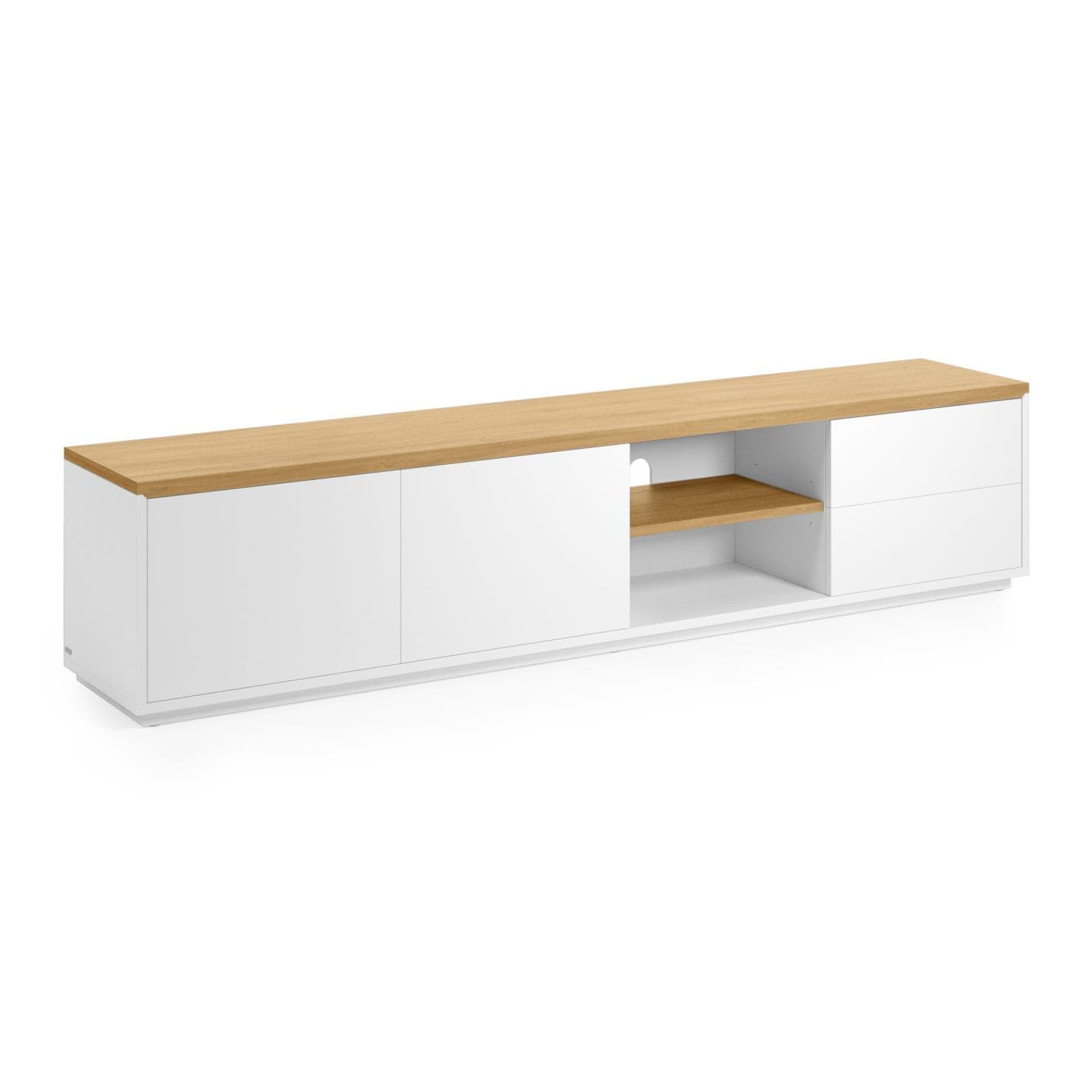 KAVE HOME Abilen TV-bord, m. 2 dörrar, 2 lådor och 3 hyllor - vit MDF och naturlig ekfaner (200x36)