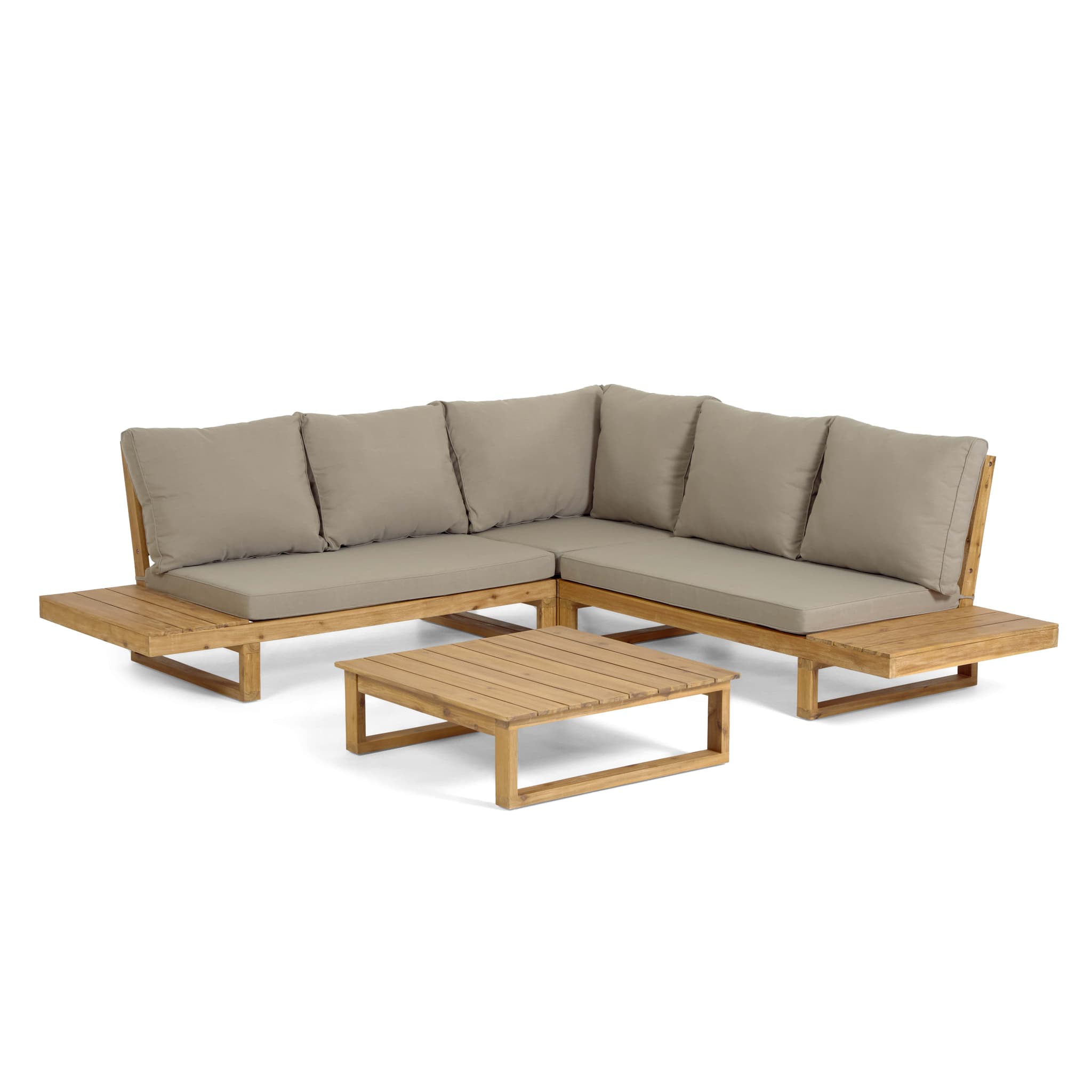 KAVE HOME Flaviina 5-sits Trädgårdssoffa, med Dynor och Trädgårdsbord - Beige Tyg och Naturligt Akaciaträ