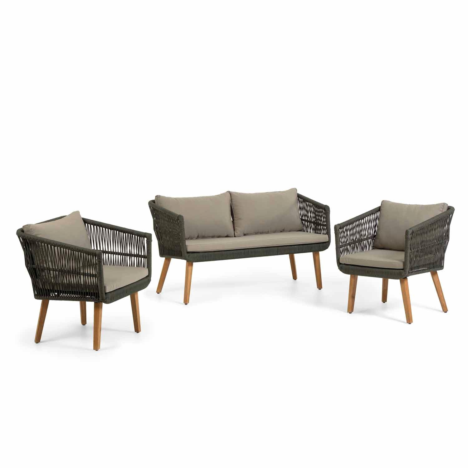 KAVE HOME Inti Trädgårdsset, med 2-sits Soffa och 2 Trädgårdsstolar, med Dynor - Grönt Rep och Naturligt Akaciaträ