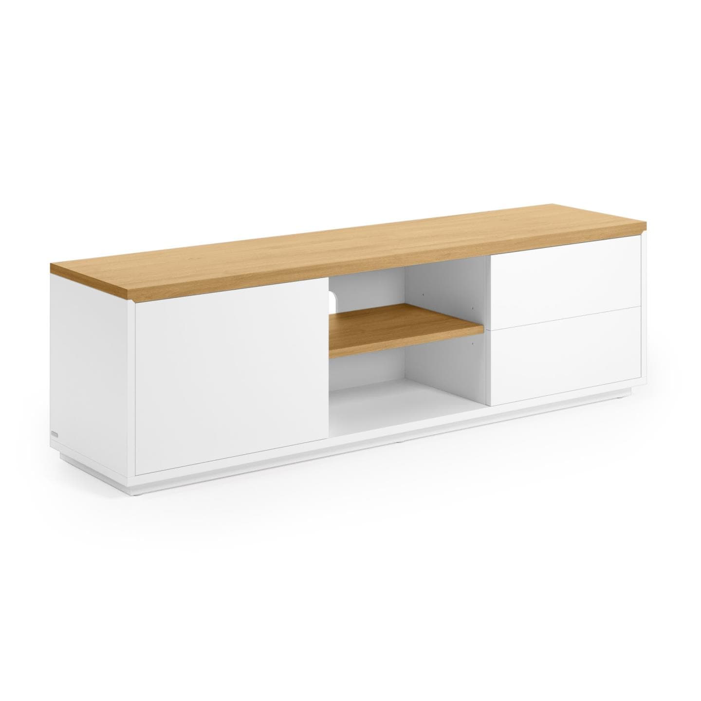 KAVE HOME Abilen TV-bord, m. 1 dörr, 2 lådor och 2 hyllor - vit MDF och naturlig ekfanér (150x44)