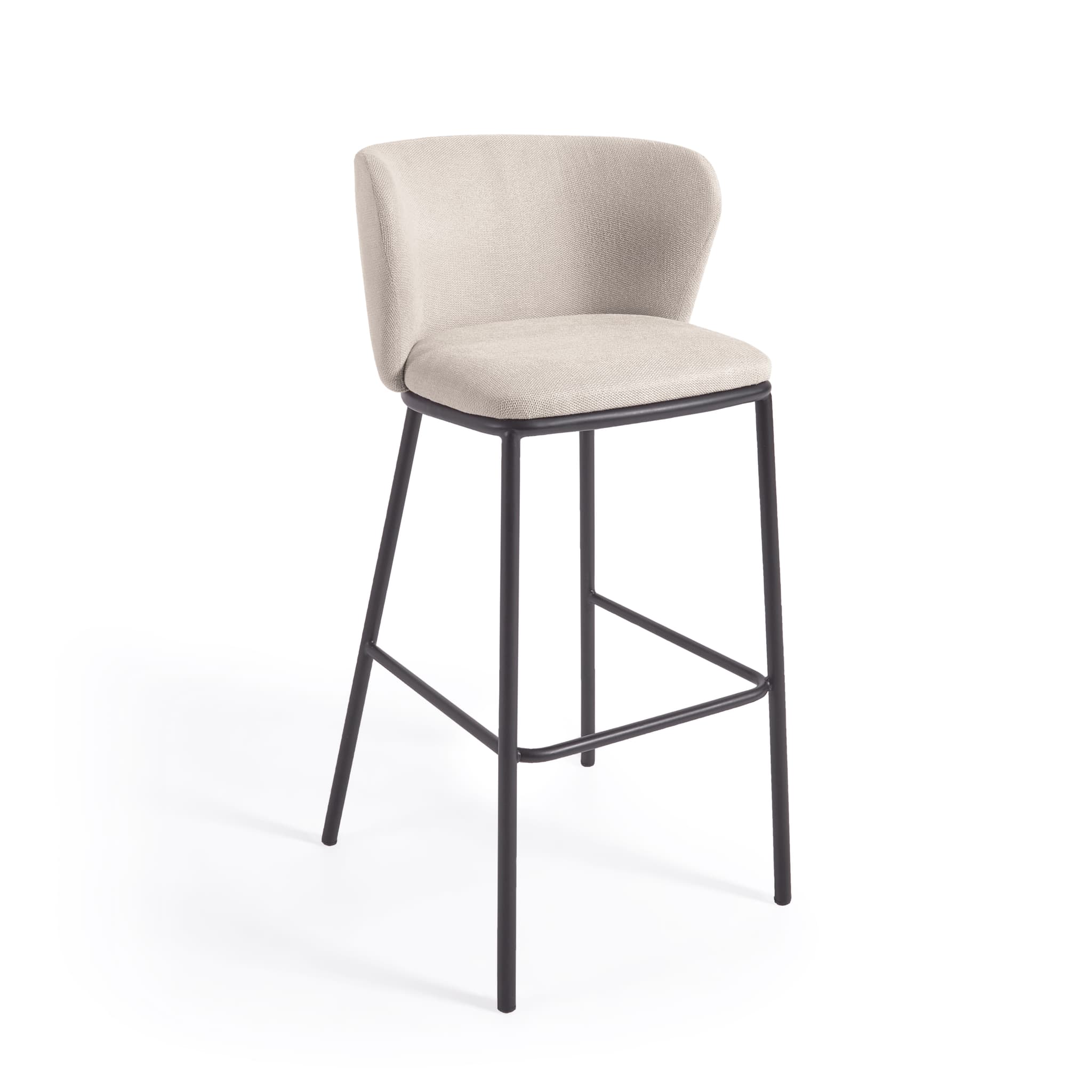 KAVE HOME Ciselia barpall, med ryggstöd och fotstöd - beige chenilletyg och svart stål