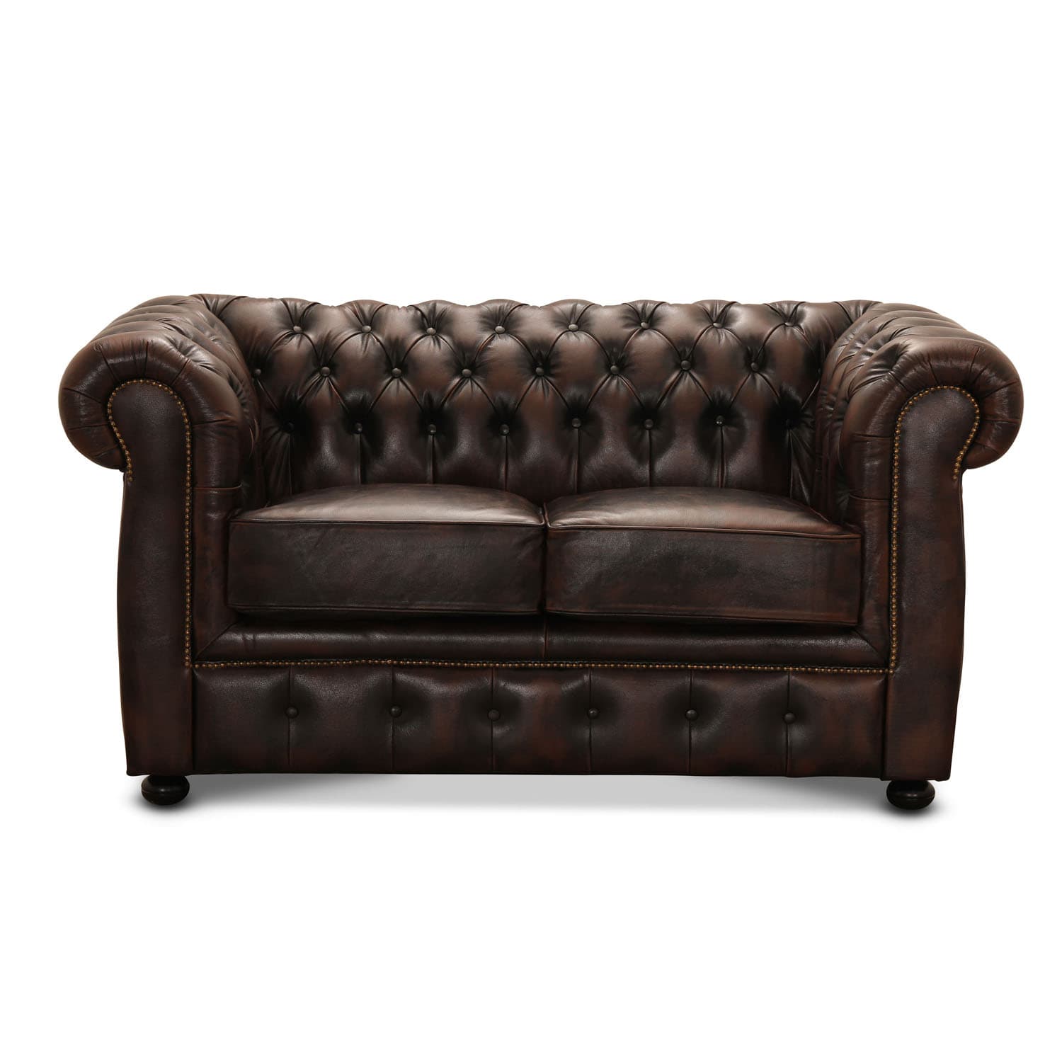 HAGA Liverpool 2-sits Chesterfield Soffa - Brunt Läder och Trä