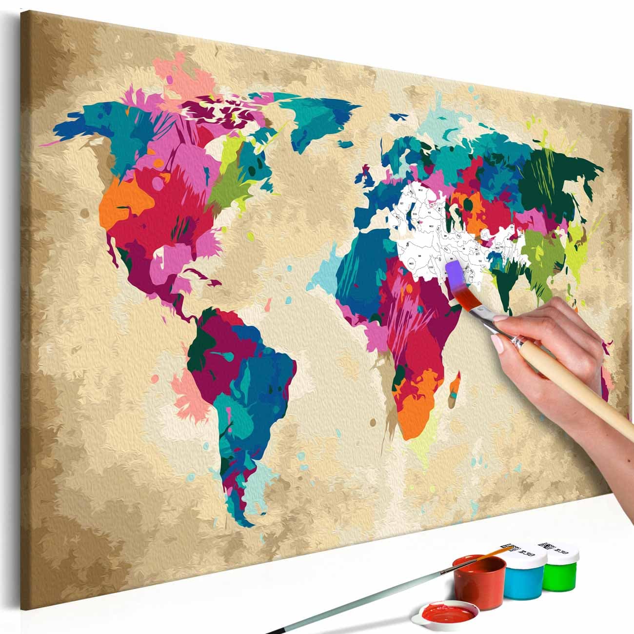ARTGEIST DIY-världskarta Colourful målning - vit duk, inkl. färg och 2 penslar (H: 40cm)