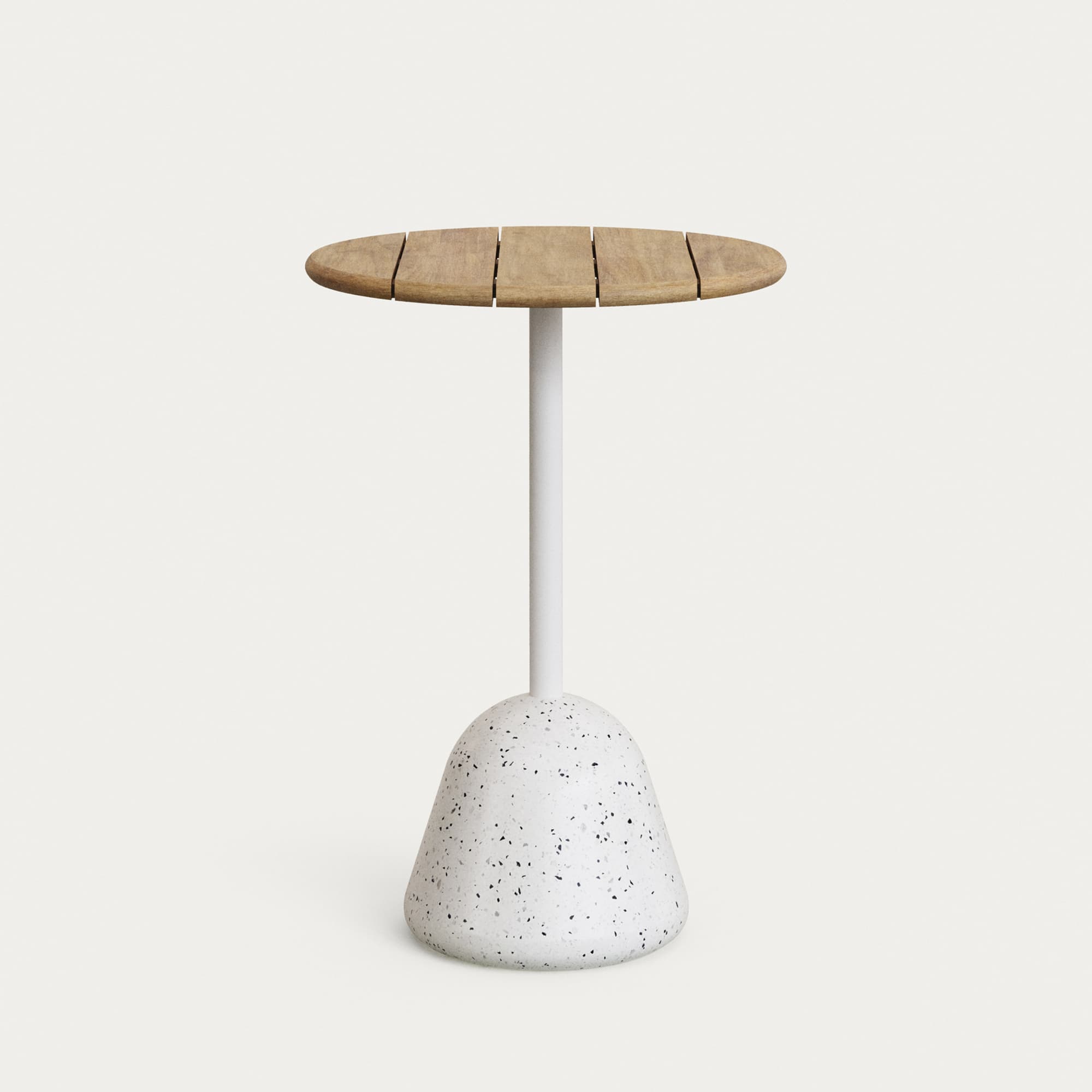 KAVE HOME Saura högt barbord med vit terrazzobas och akaciaskiva i naturfärgad finish 70x99cm