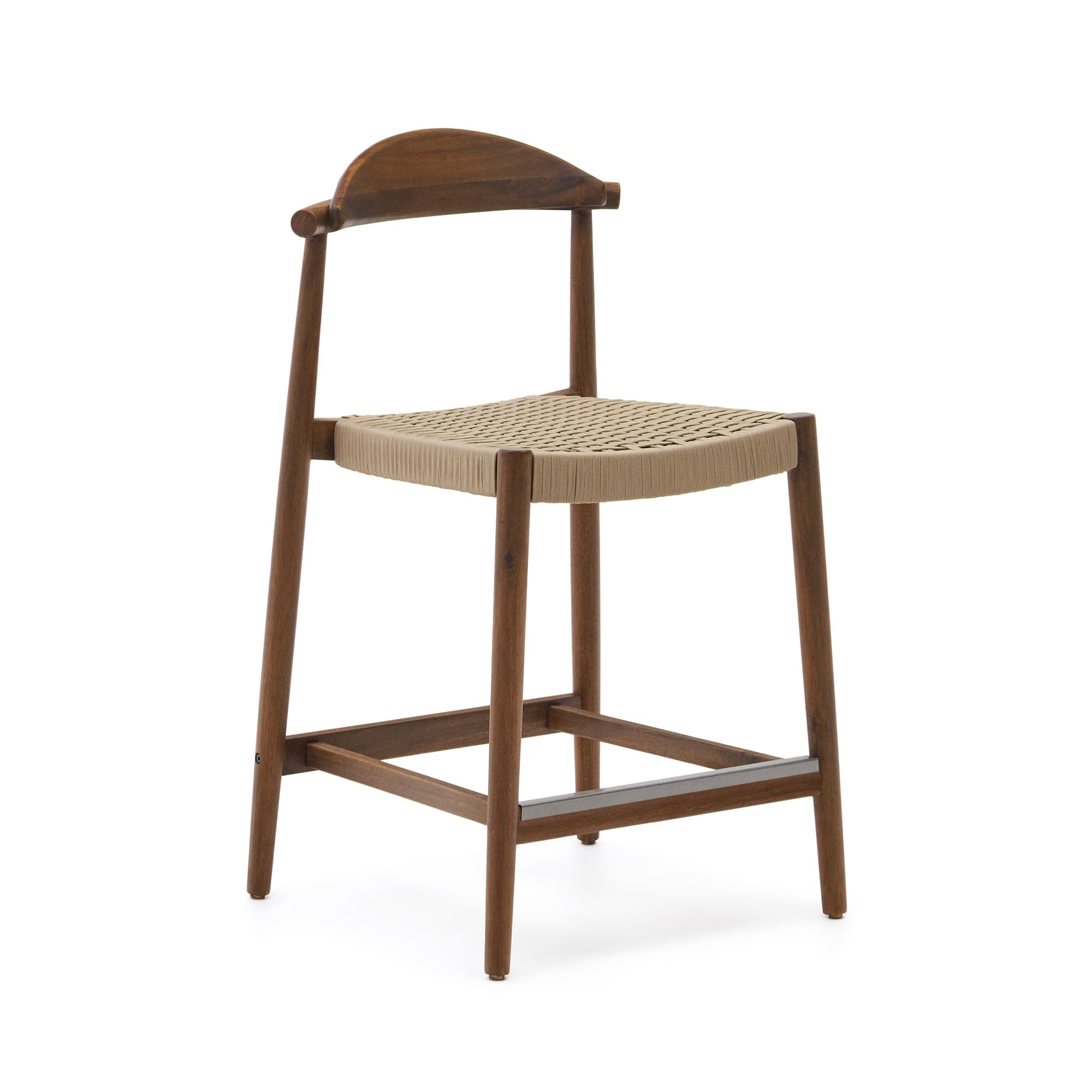 KAVE HOME Nina pall i massivt akaciaträ med valnötsfinish och beige rep, höjd 62 cm