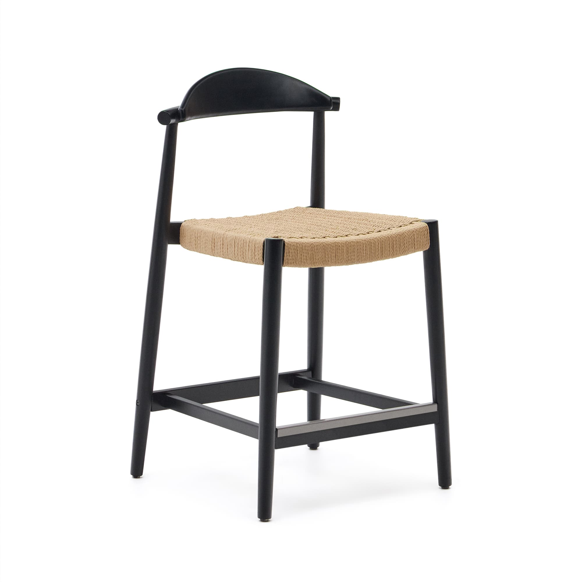 KAVE HOME Nina pall gjord av massivt akaciaträ med svart finish och beige rep höjd 62 cm