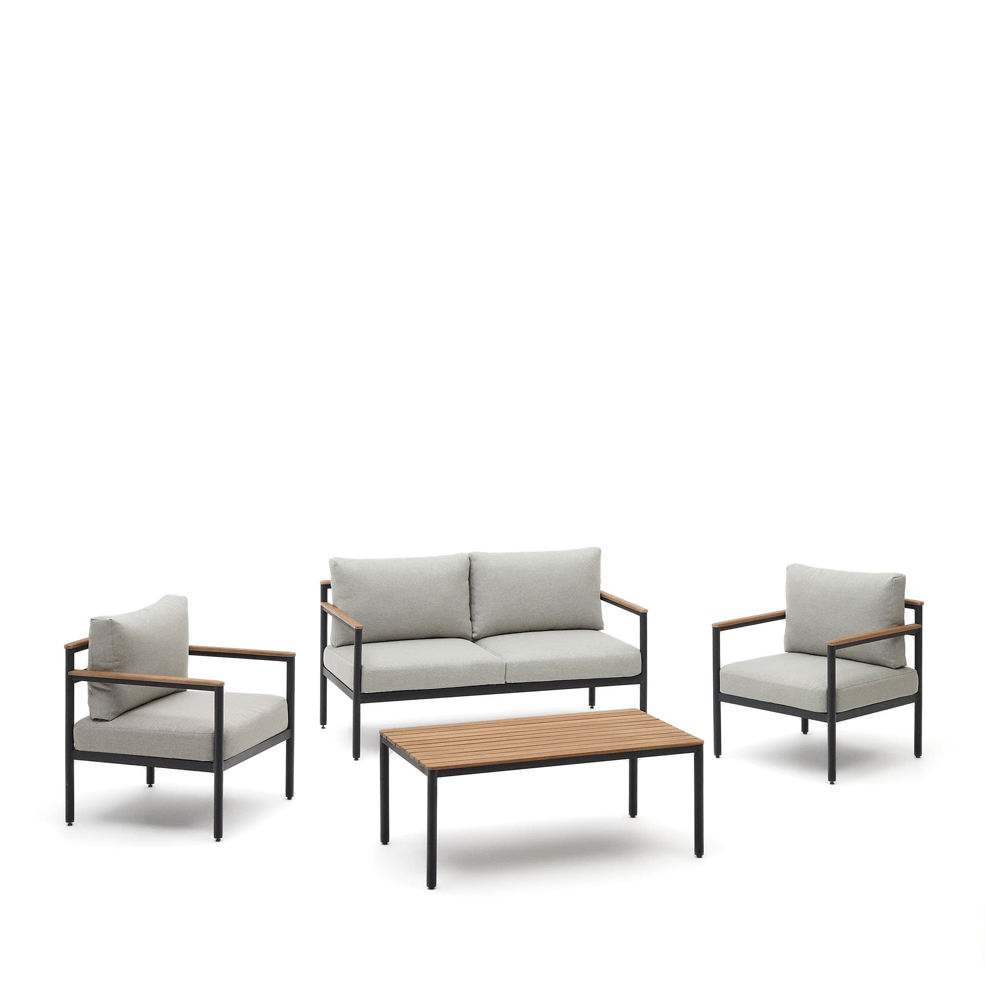 KAVE HOME Aiguafreda set, 2-personers soffa, 2 stolar & soffbord i grått aluminium & akacia